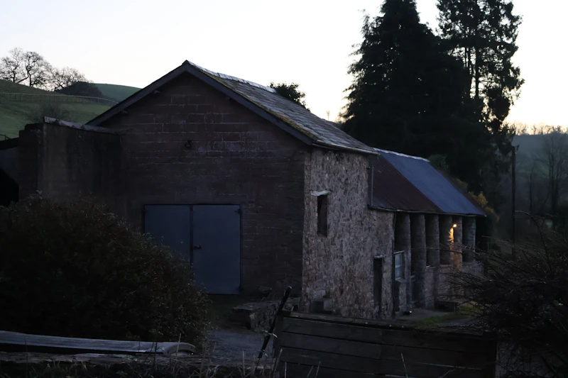 Willow Creek Estate barn exterior at sunset beside the willow tree