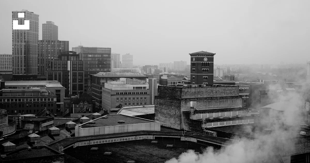 Industrial cityscape with steam rising from buildings. photo – Free ...