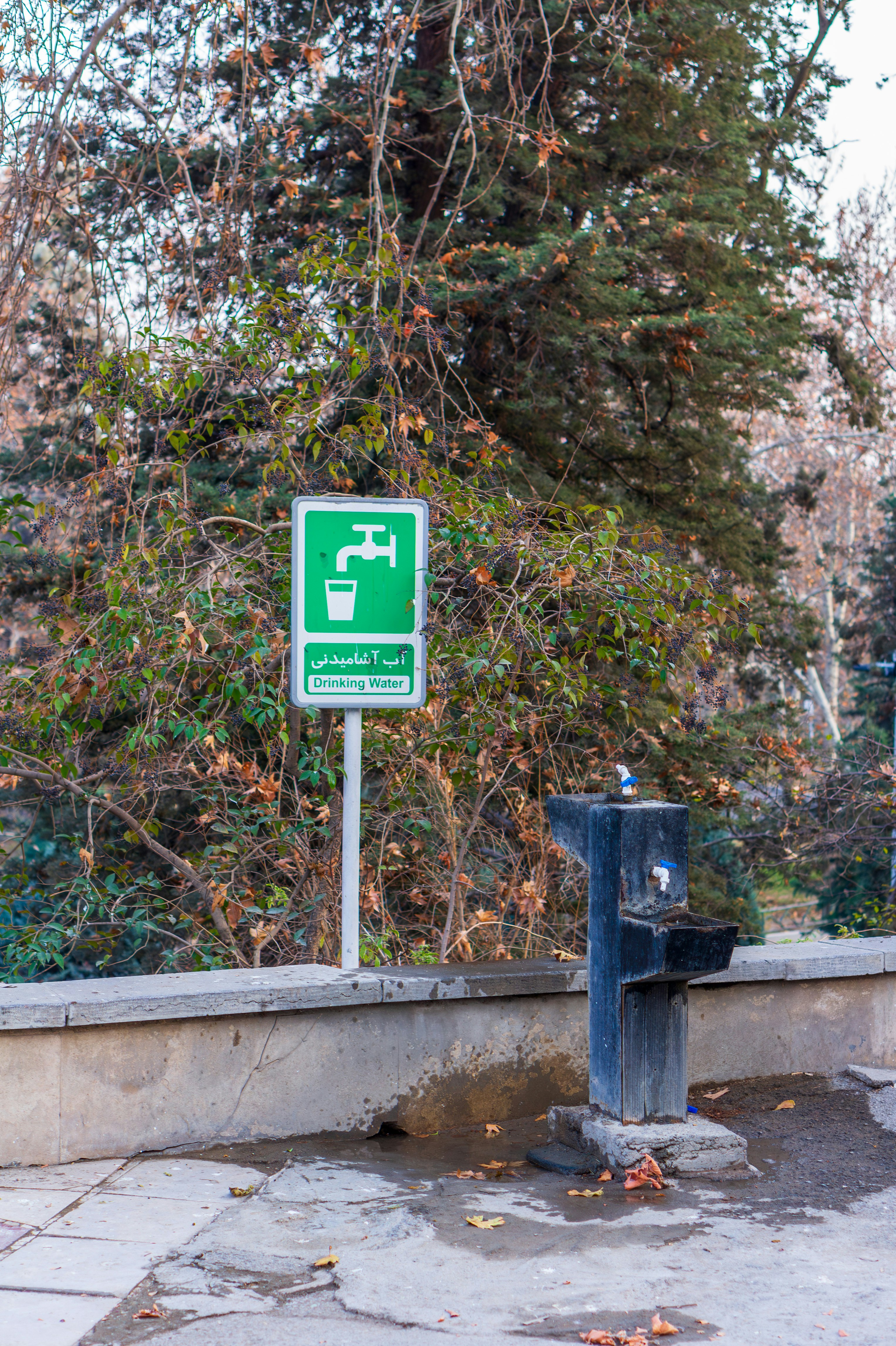 Drinking water fountain with sign in park