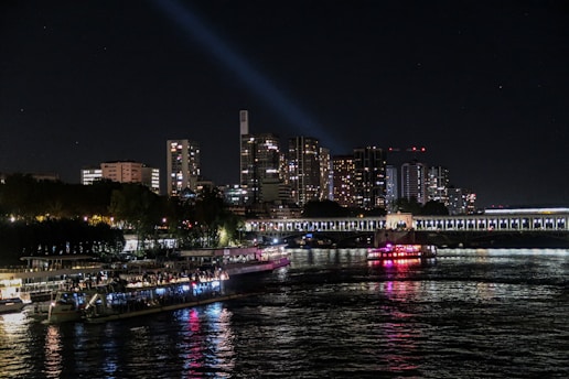 Boats on river with city skyline at night
