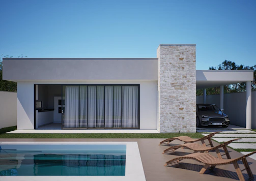 Modern house with swimming pool and car