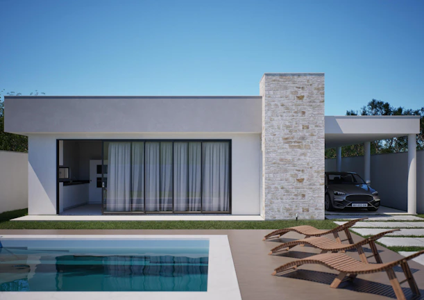 Modern house with swimming pool and car