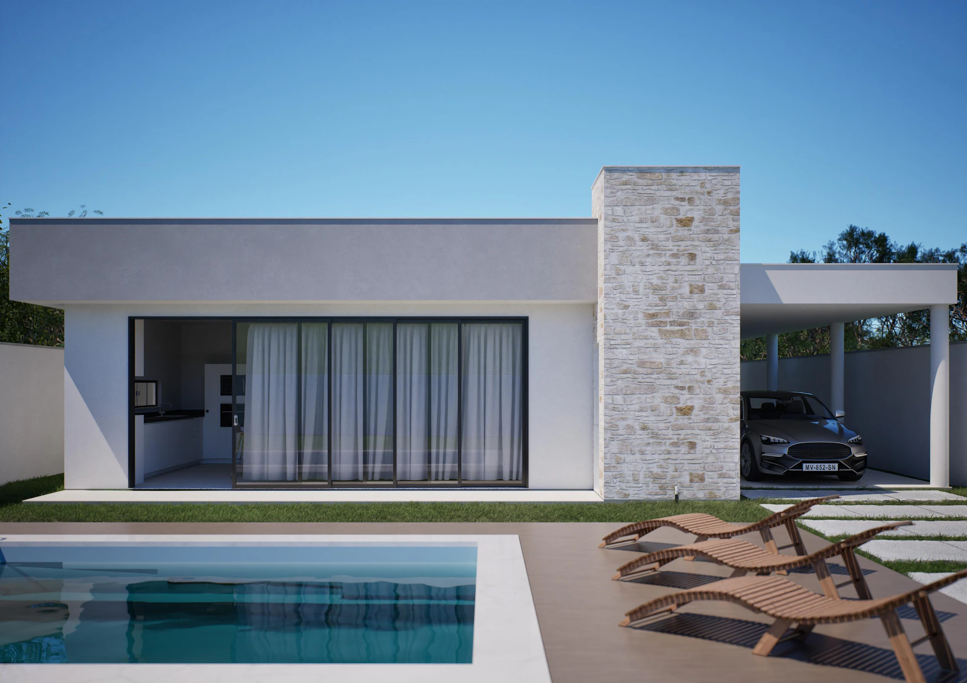 Modern house with swimming pool and car