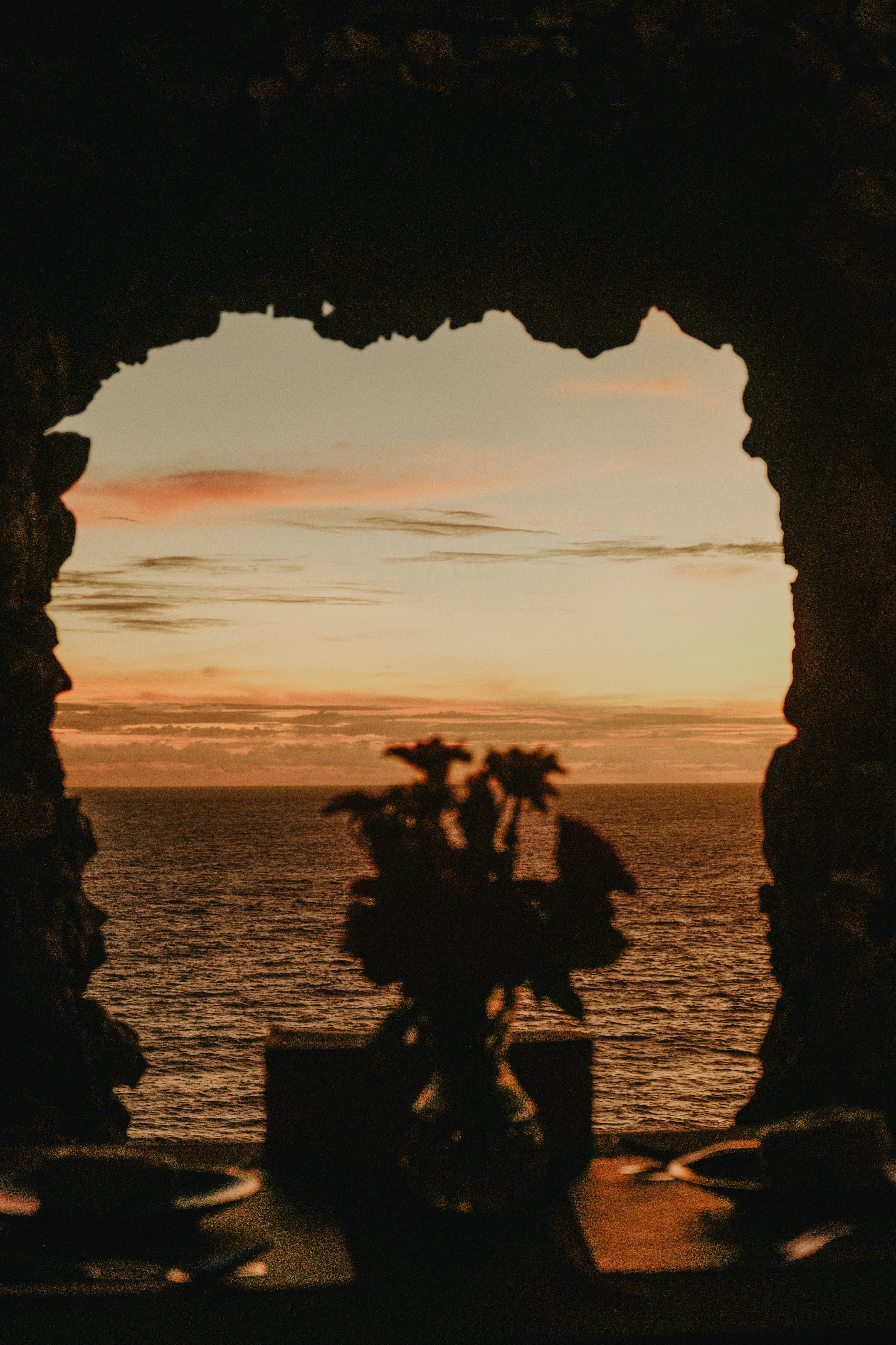 Flowers on table overlooking ocean sunset