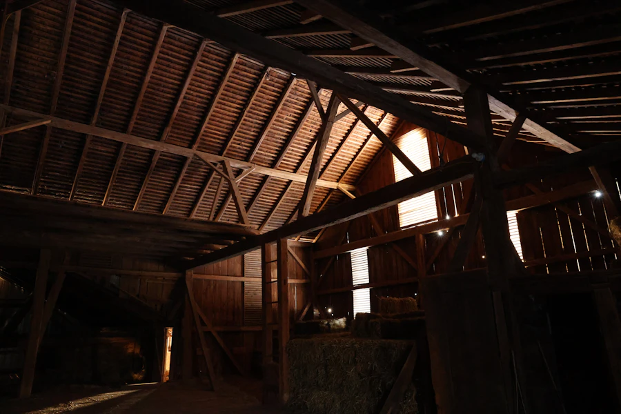Barn interior with exposed beams