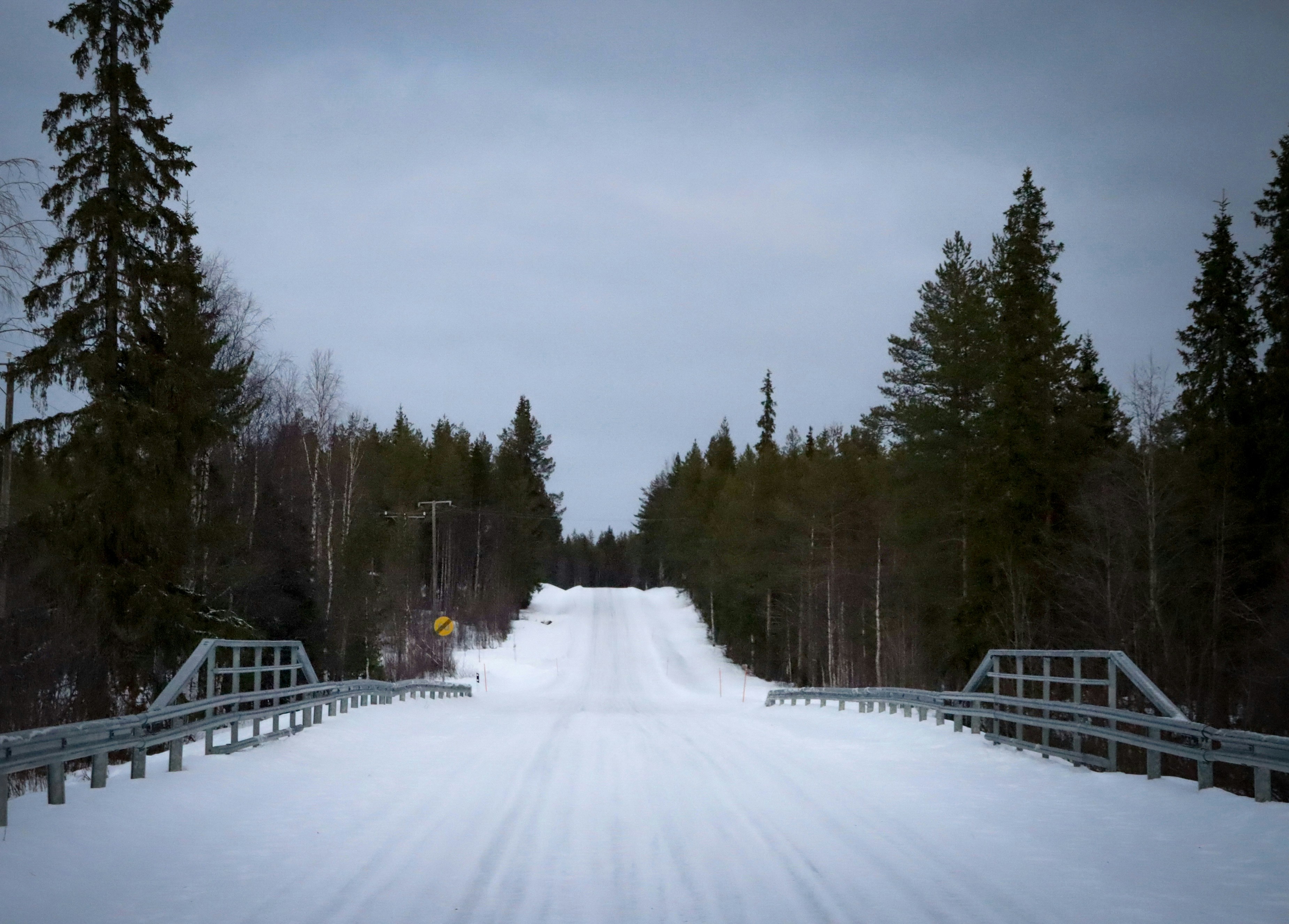 Snowy road and bridge through a forest