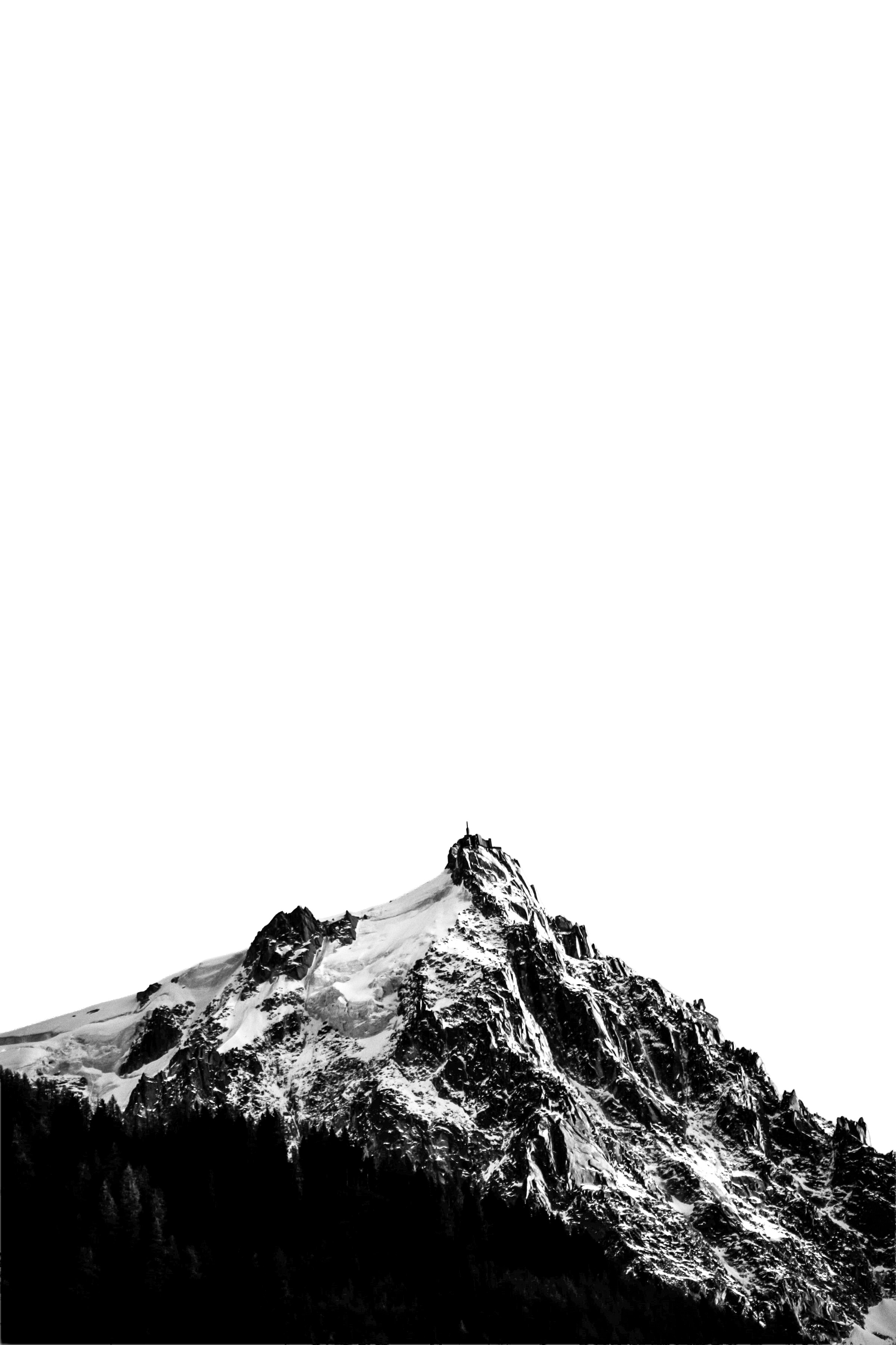 Schneebedeckter Berggipfel mit dunklem Wald darunter