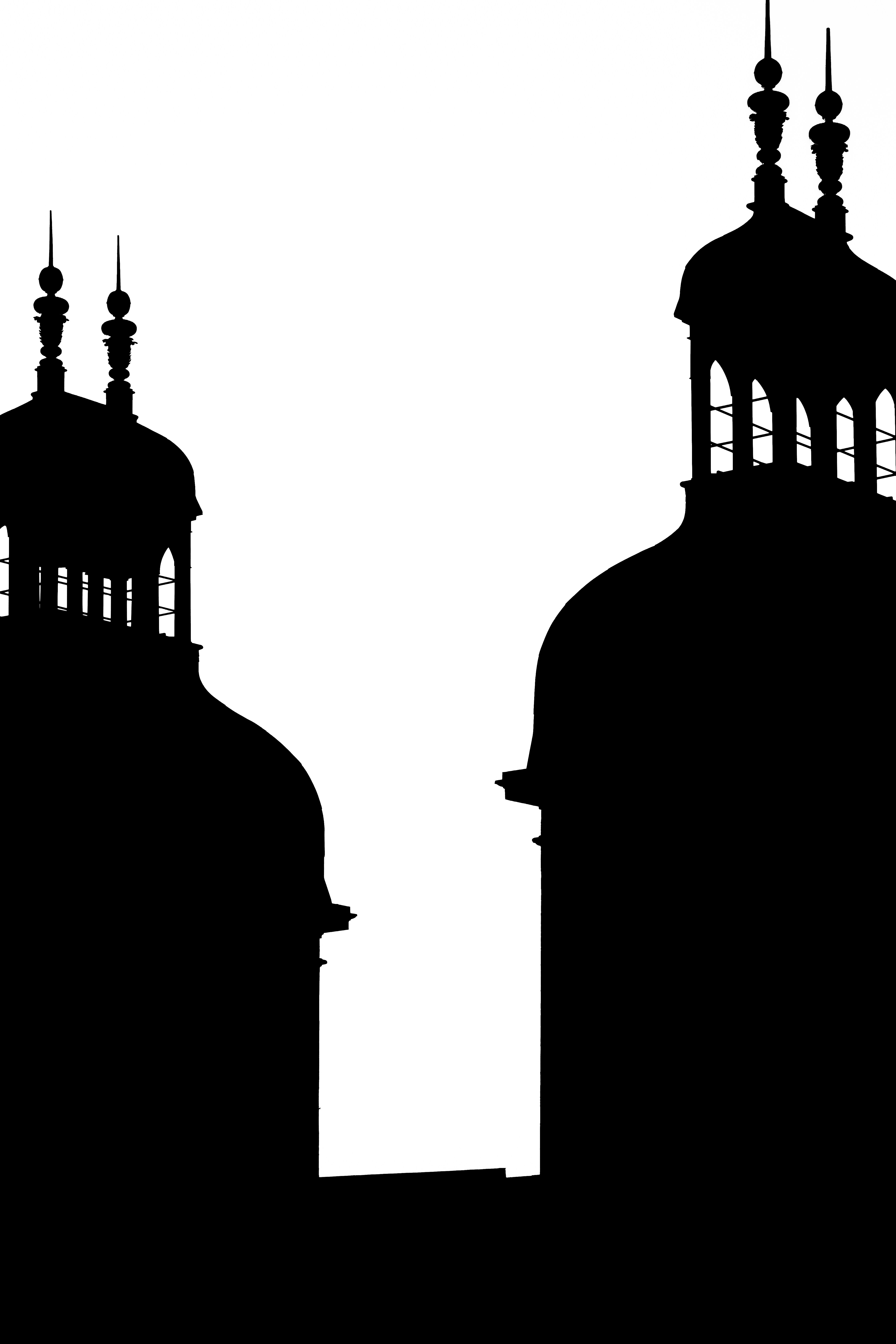 Silhouetten von zwei kunstvoll verzierten Kuppelgebäuden vor weißem Hintergrund