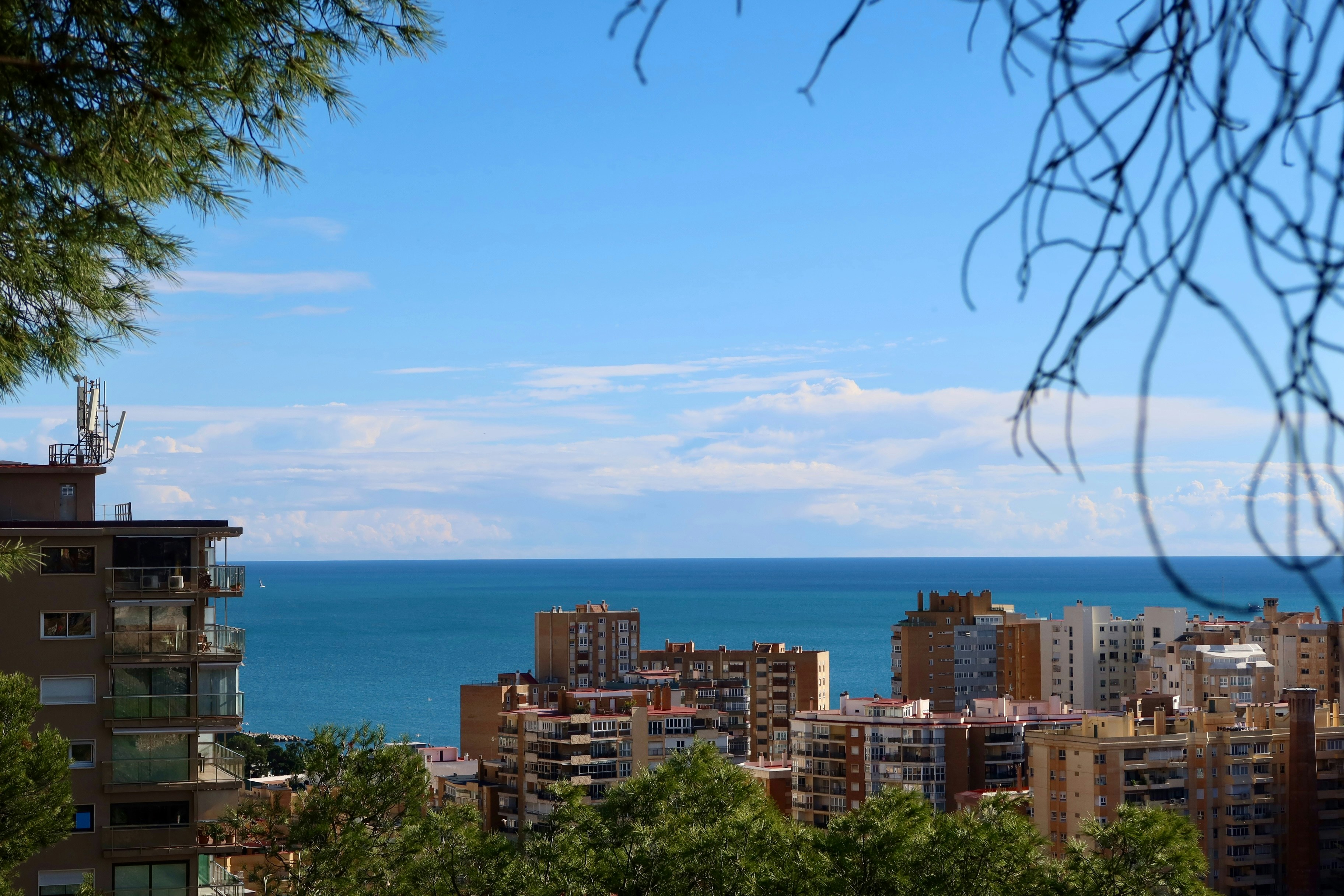 City buildings overlooking the ocean under a blue sky.
