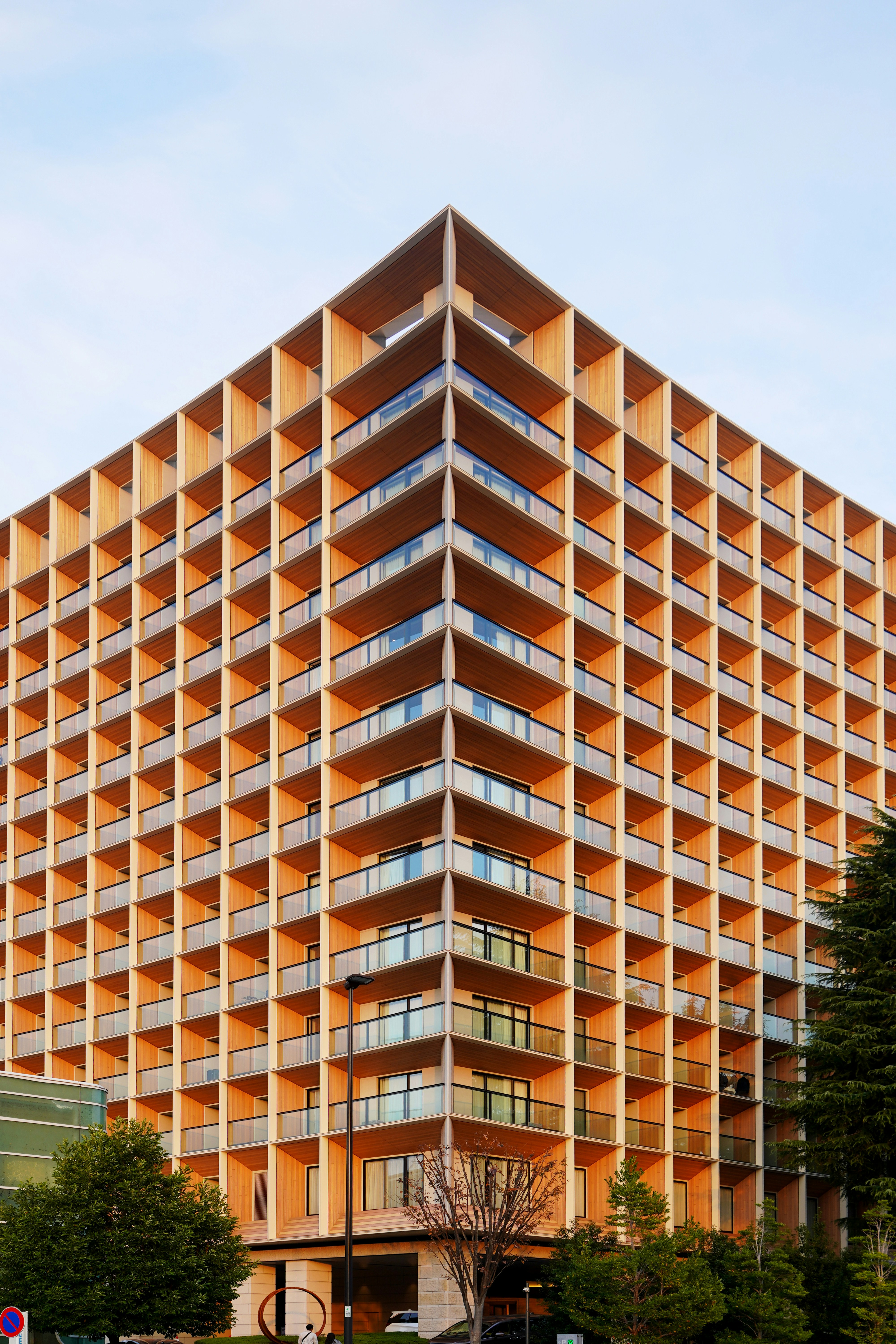 Modern wooden building with many balconies