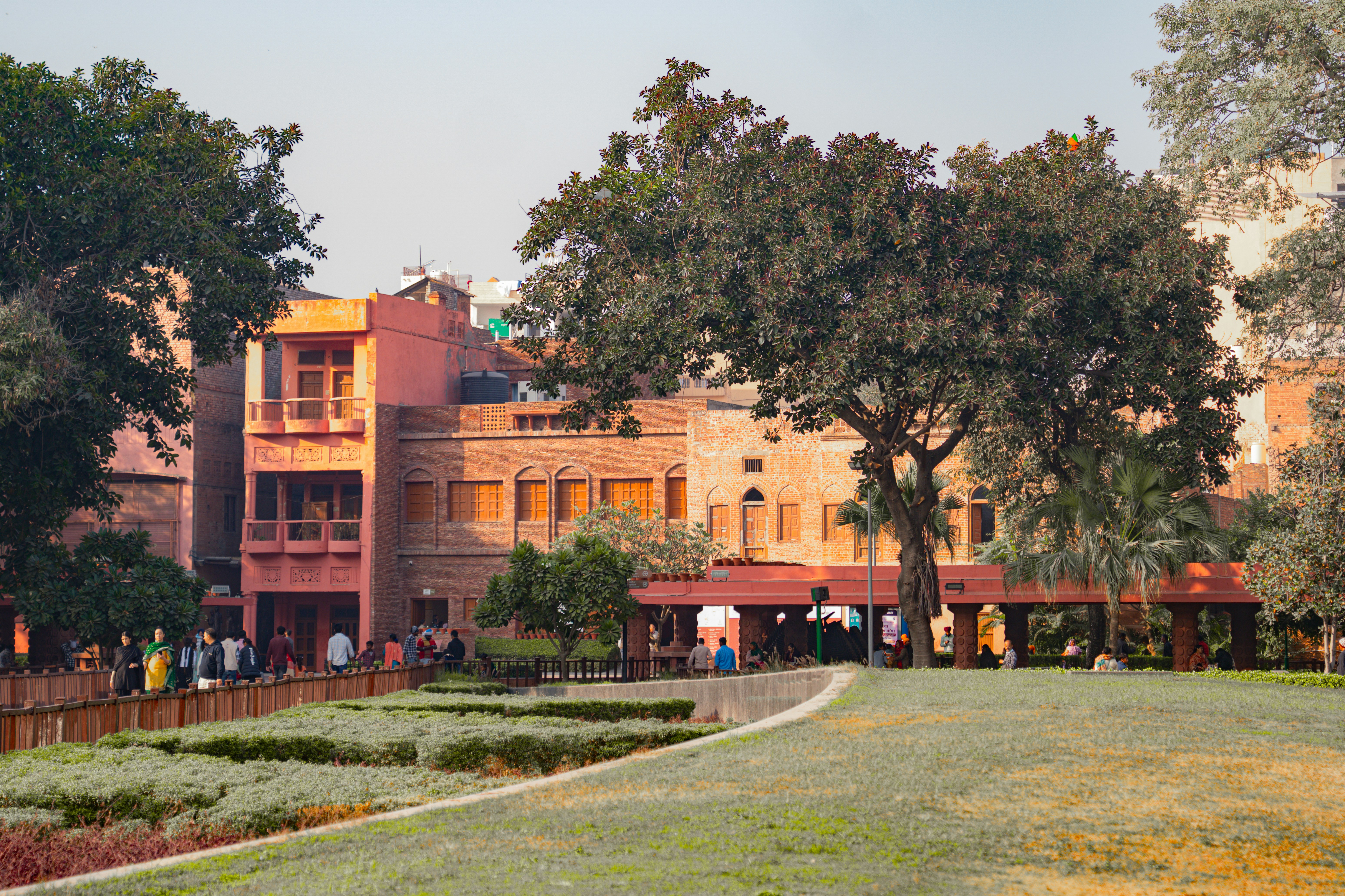 Historic building with a large tree and garden