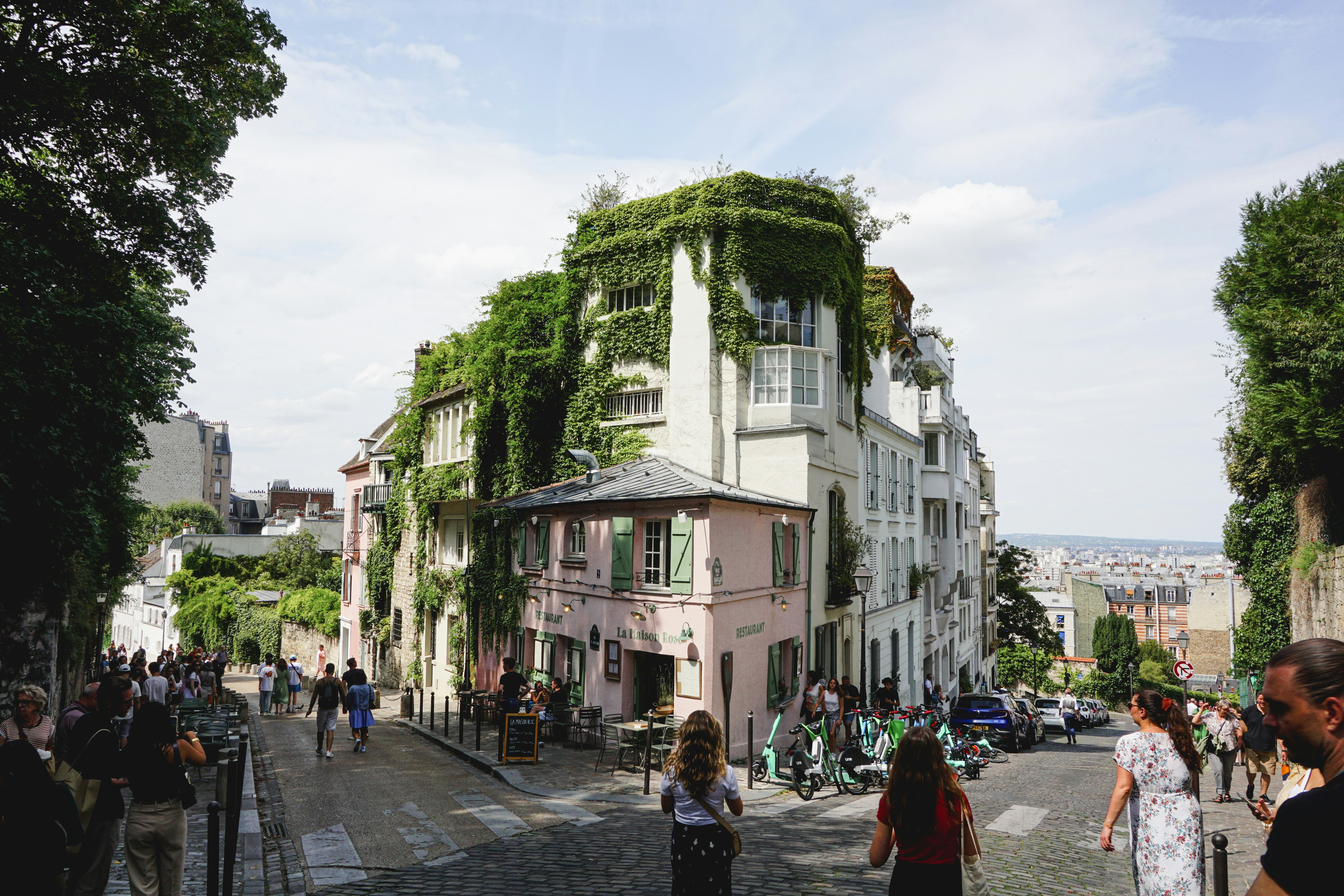 Charming street with buildings covered in lush green vines.