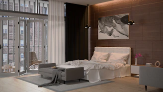 Modern bedroom with large window and artwork