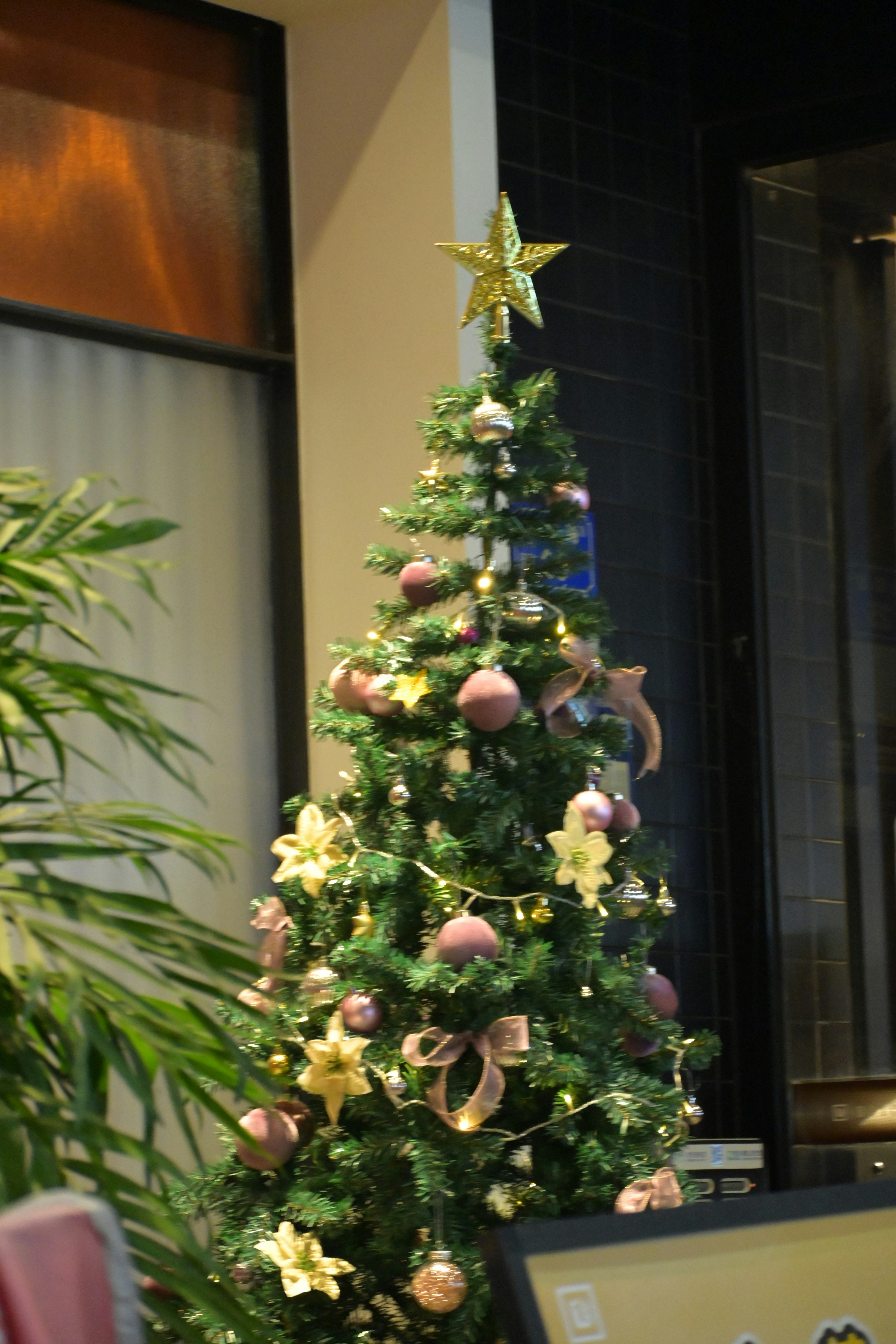 A decorated christmas tree with ornaments and golden star.