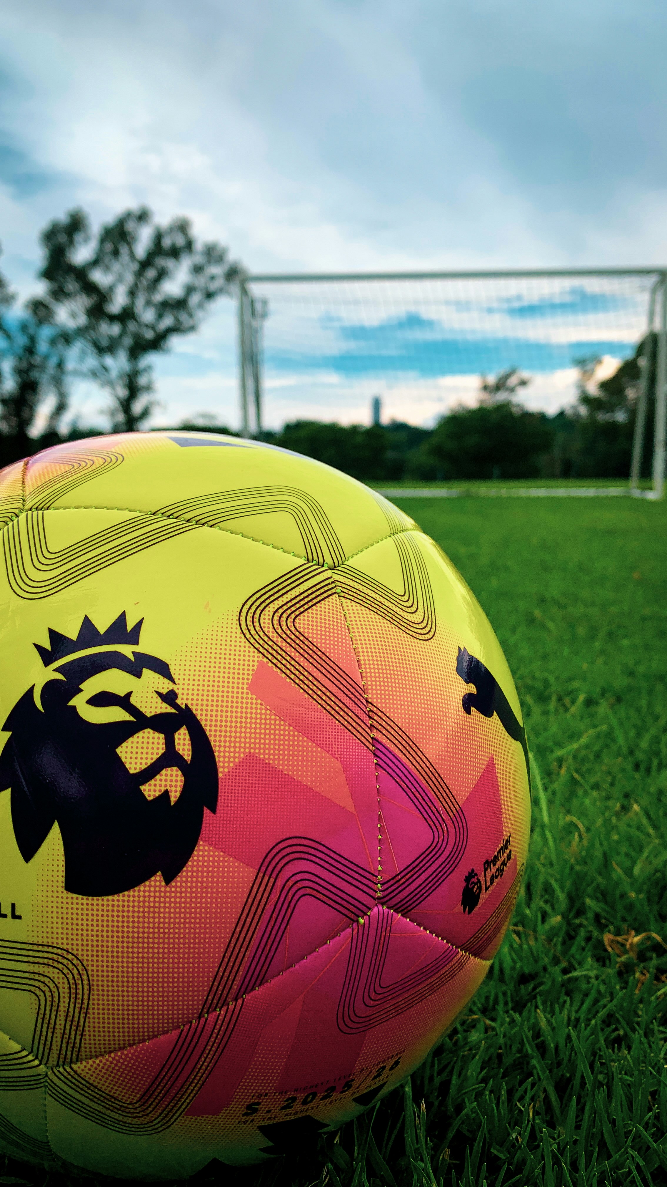 Balón de fútbol sobre césped con portería de fondo