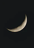 A crescent moon hangs in the dark sky.