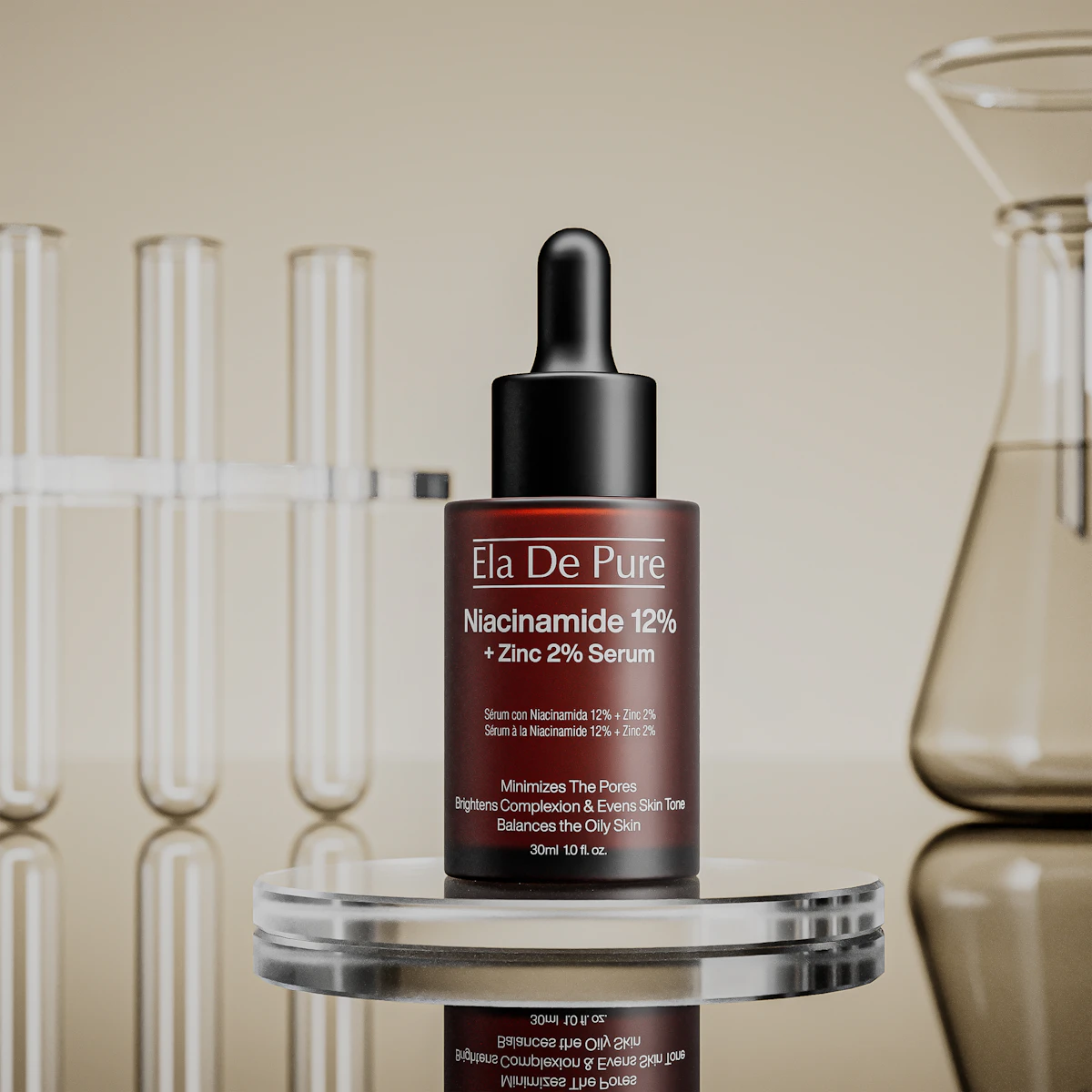 Skincare serum and laboratory glassware