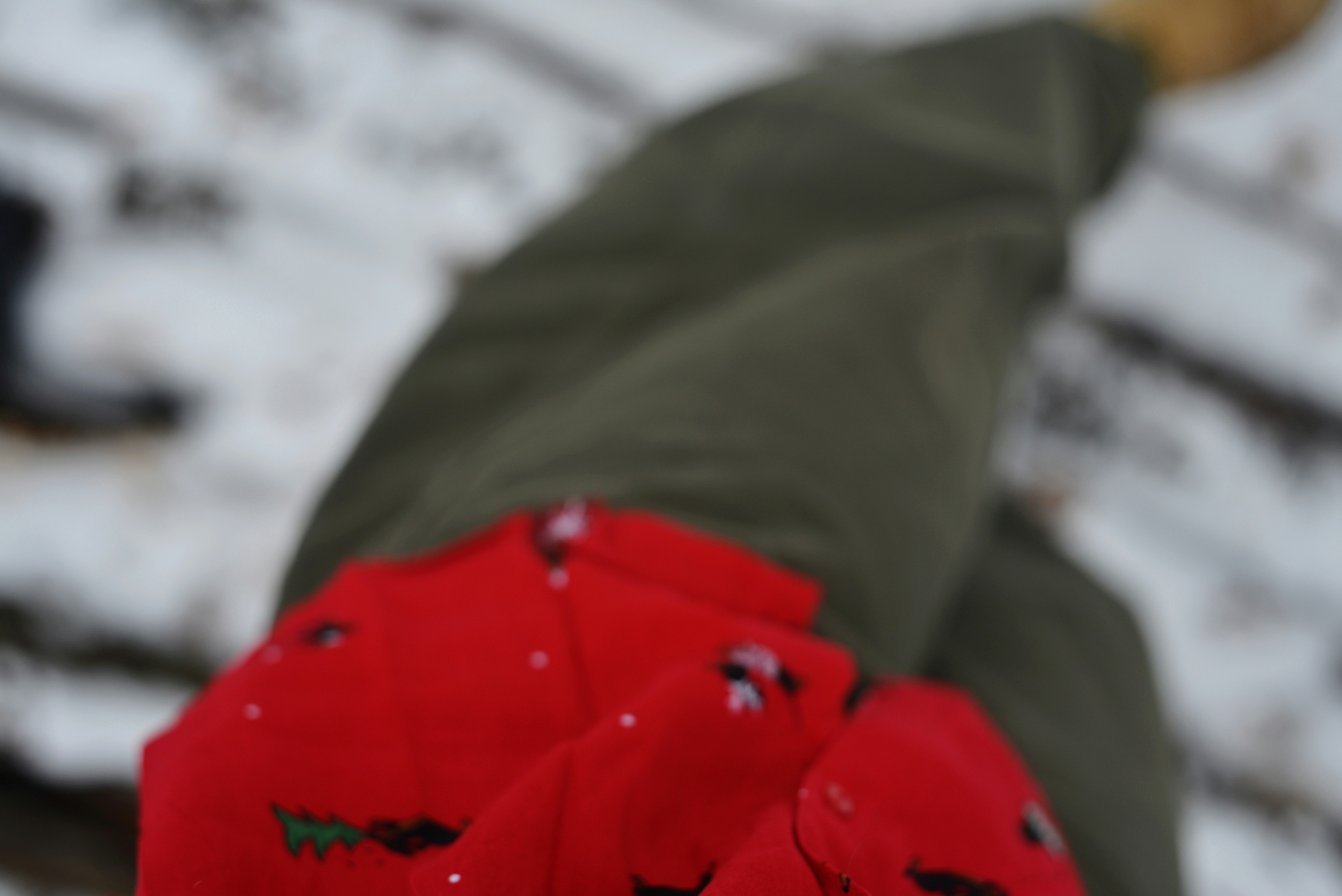 Person wearing red socks and green pants in snow