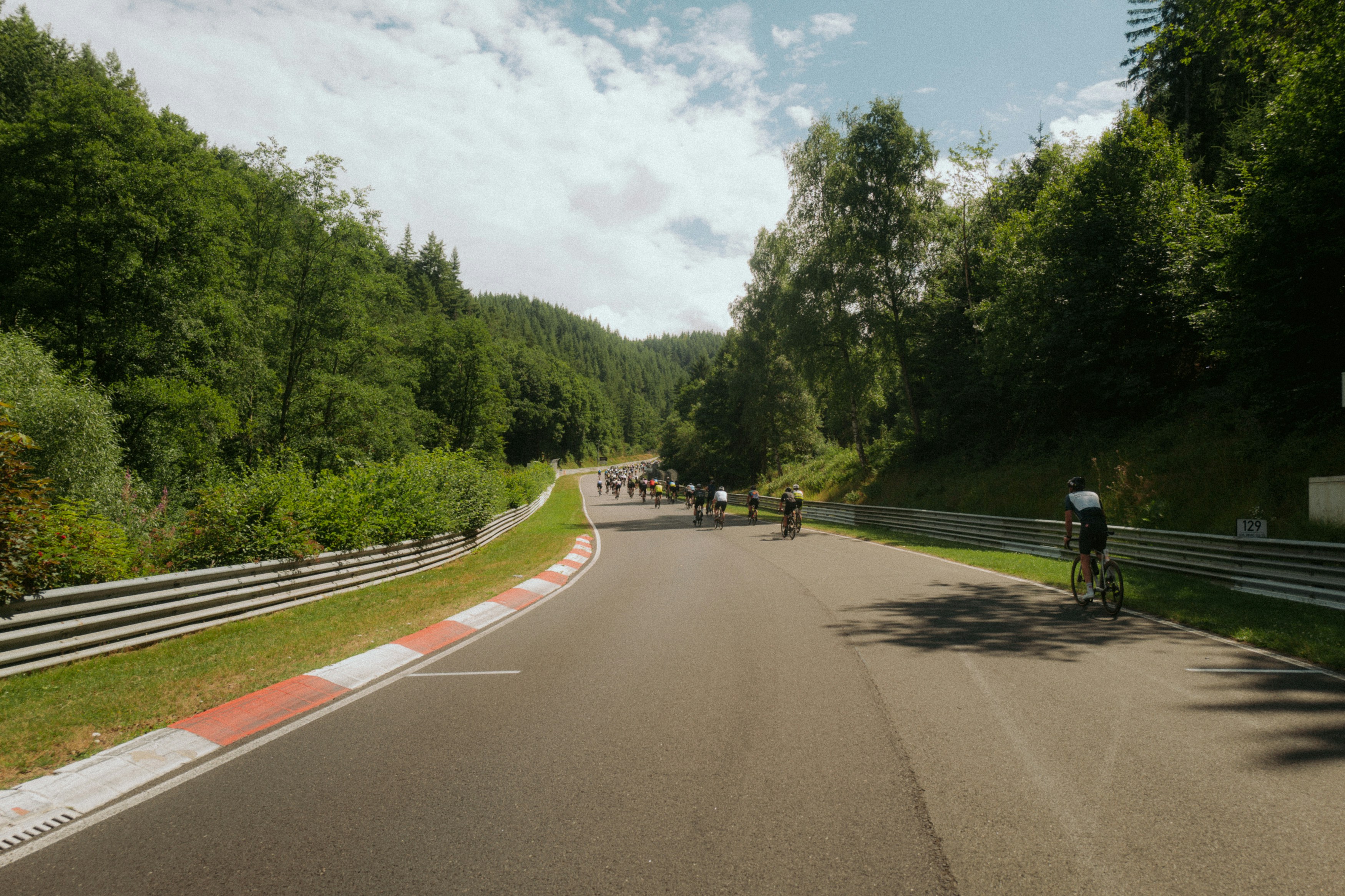 Race cars on a winding track surrounded by trees