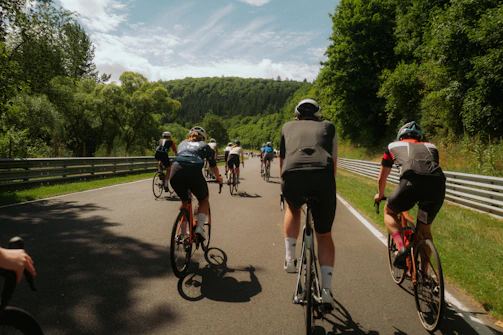 Cyclists riding on a paved road through trees