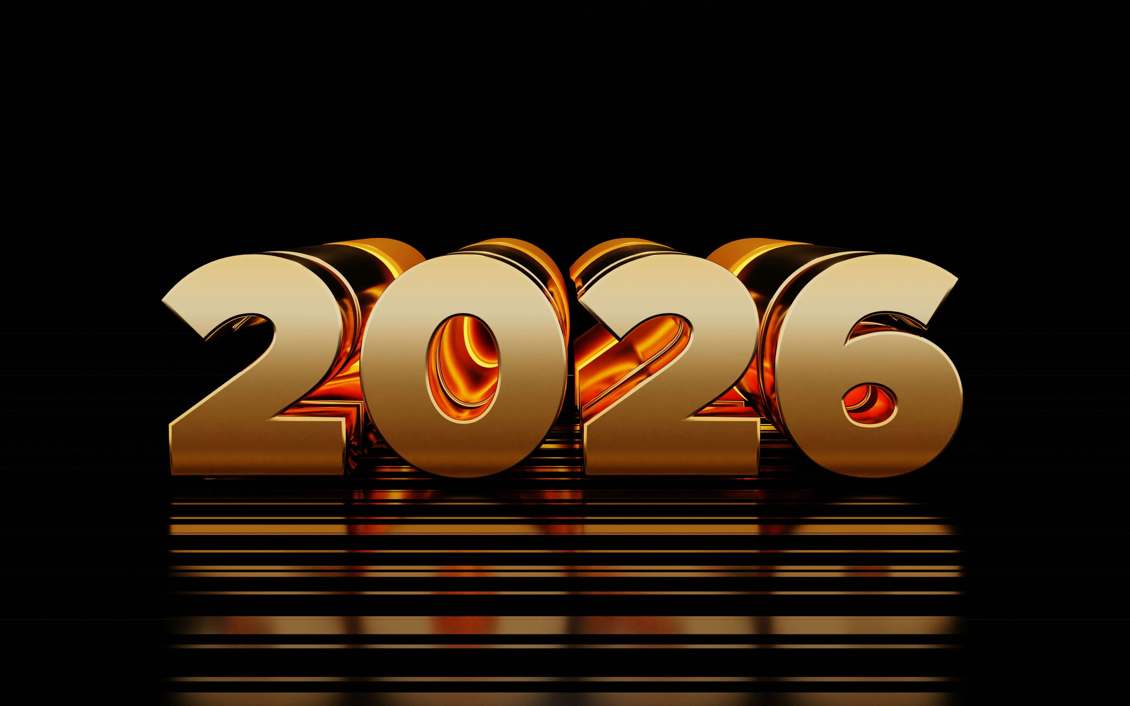 Golden 2026 numbers on a reflective black surface