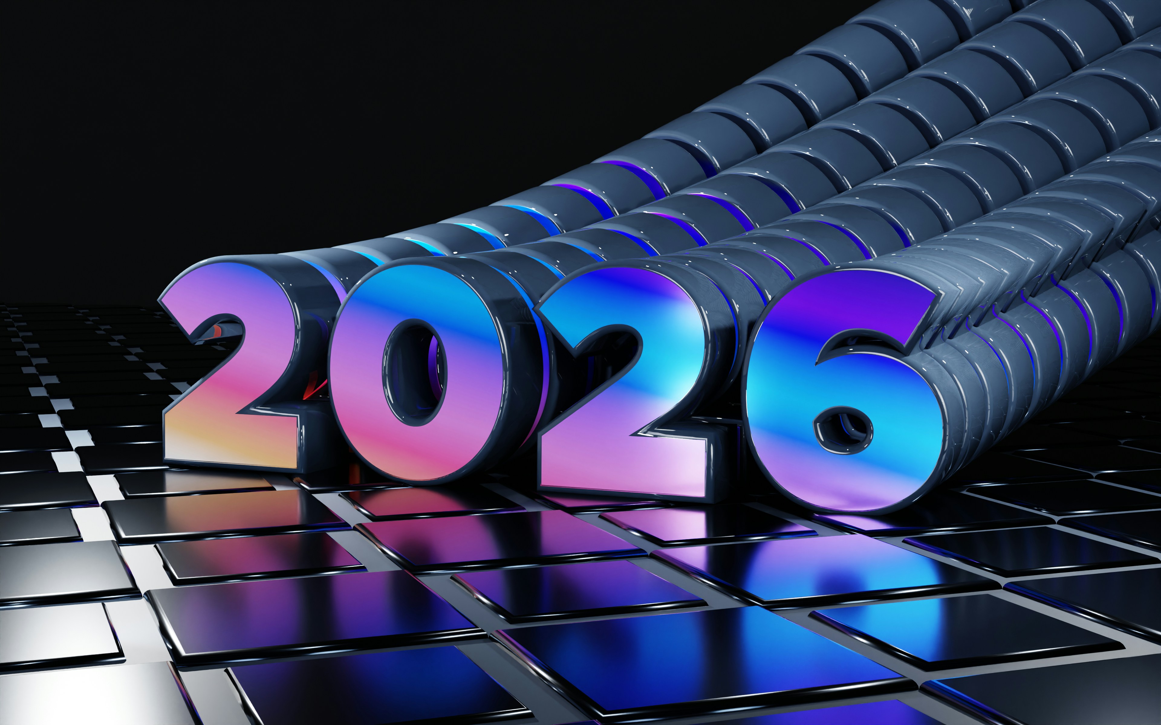 The year 2026 in metallic, iridescent numbers.