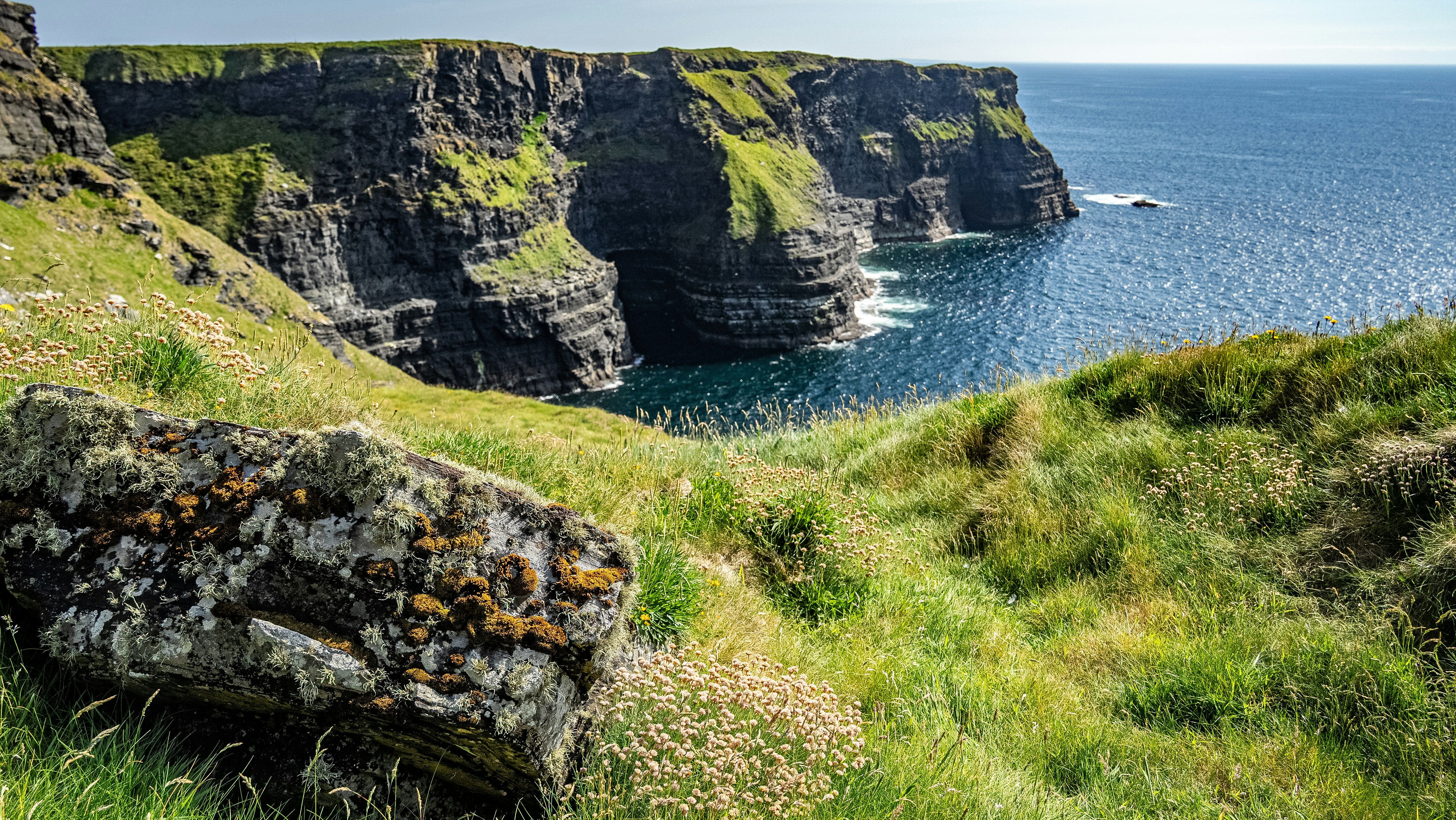 Scogliere verdi che si affacciano sull'oceano blu in una giornata di sole