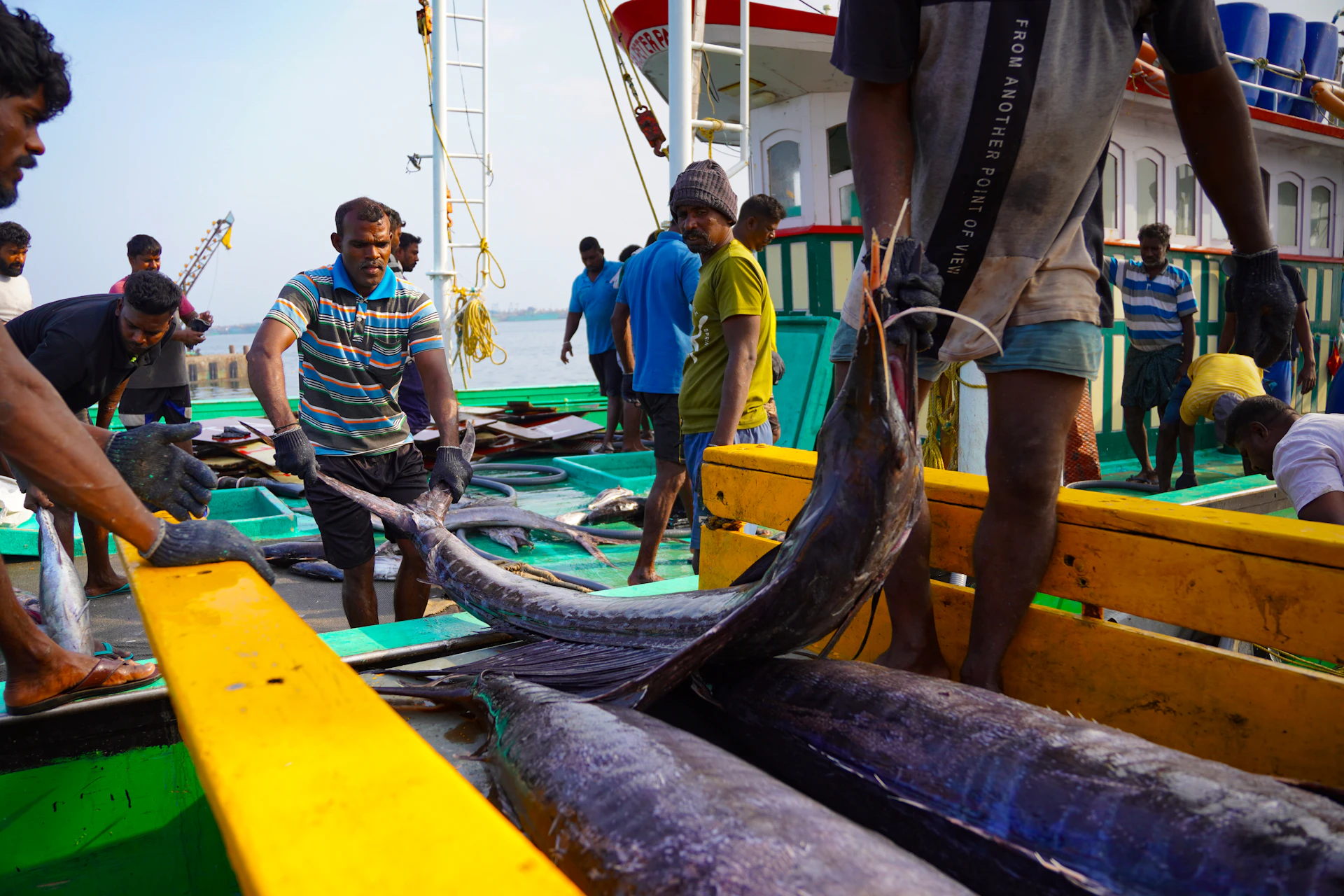 Pêcheurs sur le quai au débarquement, port de Dakar