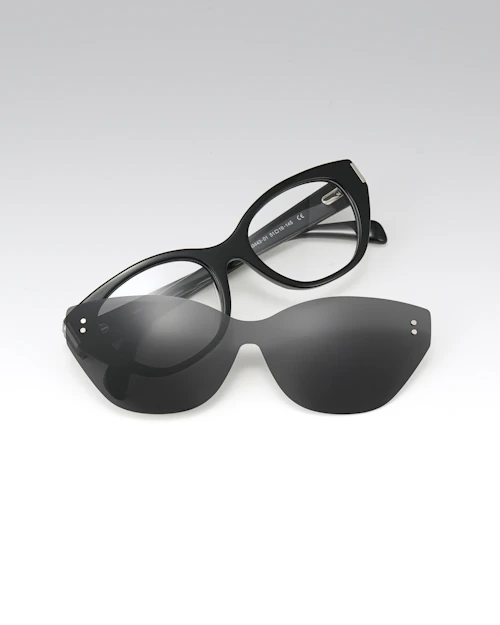 Black cat-eye glasses with clip-on sunglasses