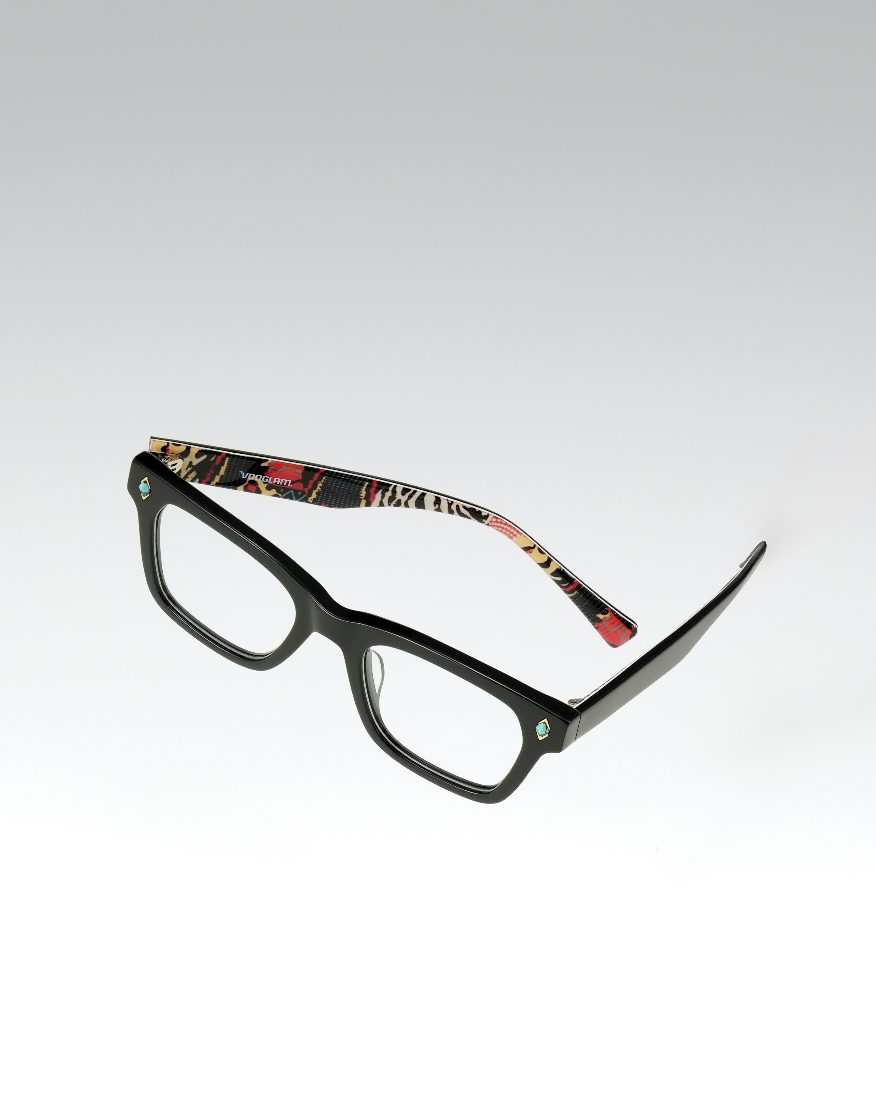 Black framed glasses with colorful patterned arms