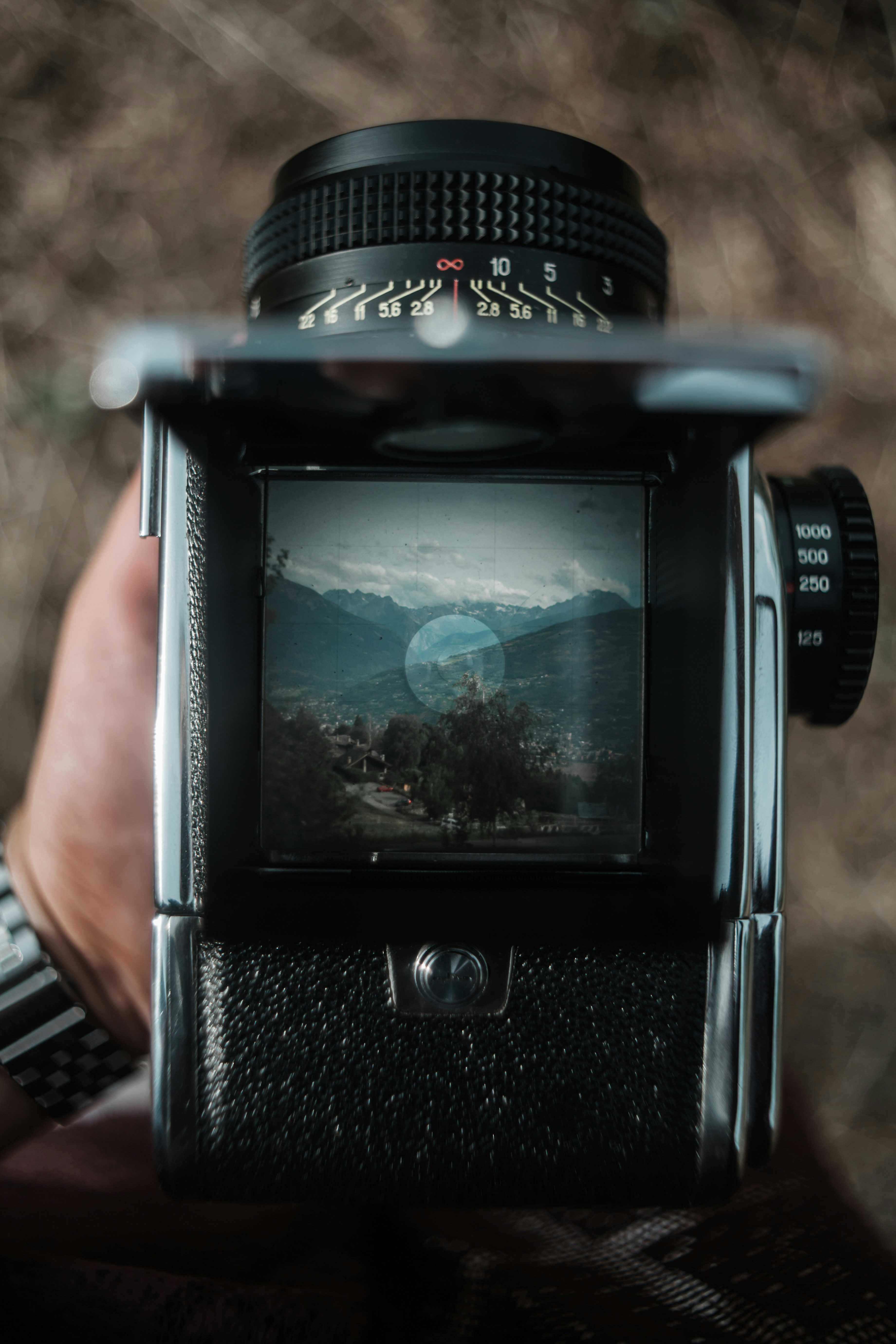 Vintage camera viewfinder shows mountain landscape scene.