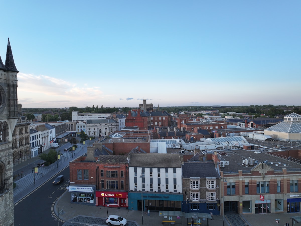 Aerial view of an English market town with historic buildings, illustrating the kind of townscape found in Darlington