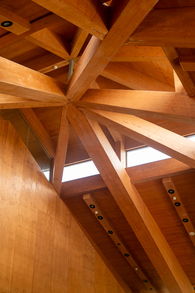 Timber-frame joinery seen from below