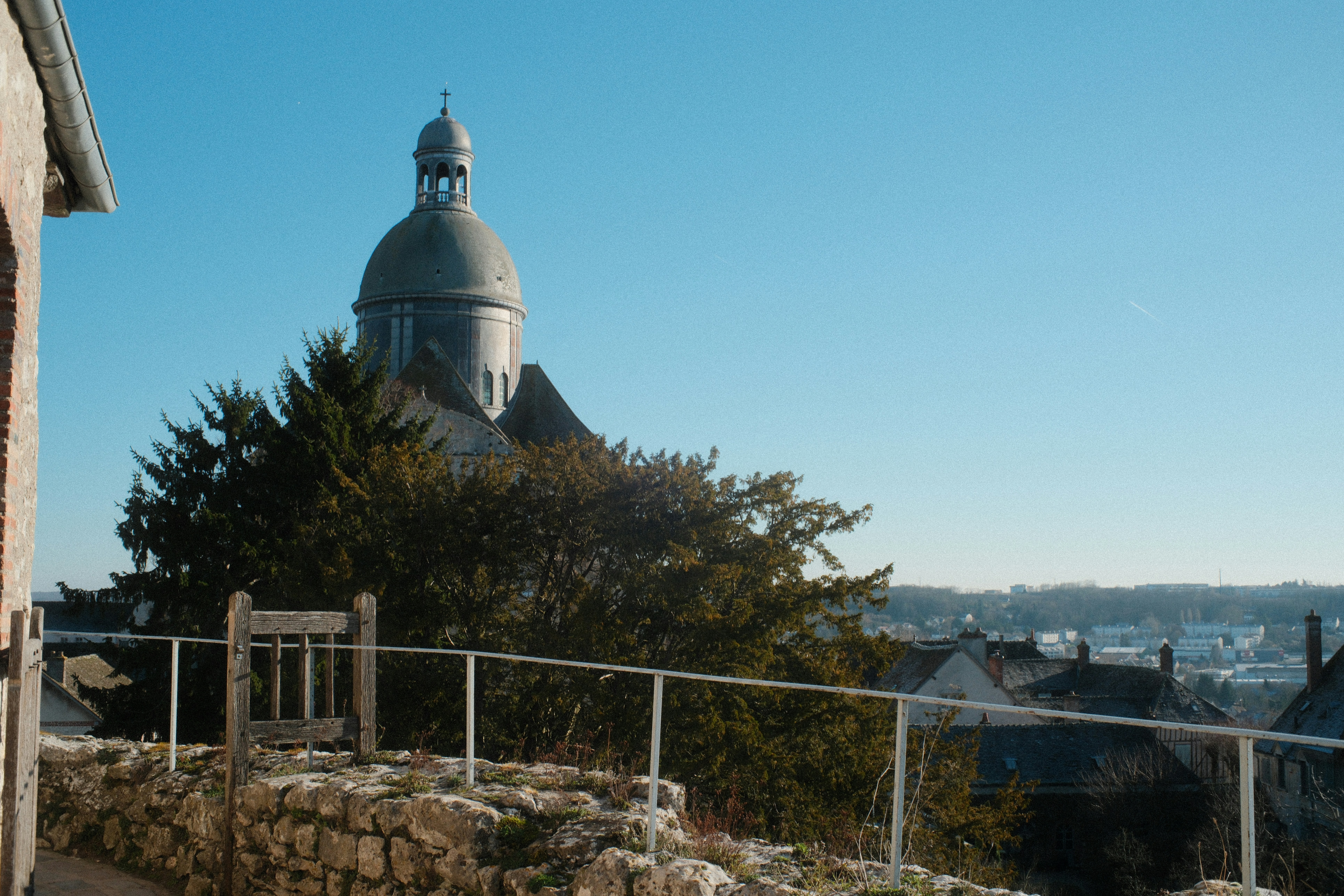 Dome building behind trees with distant town