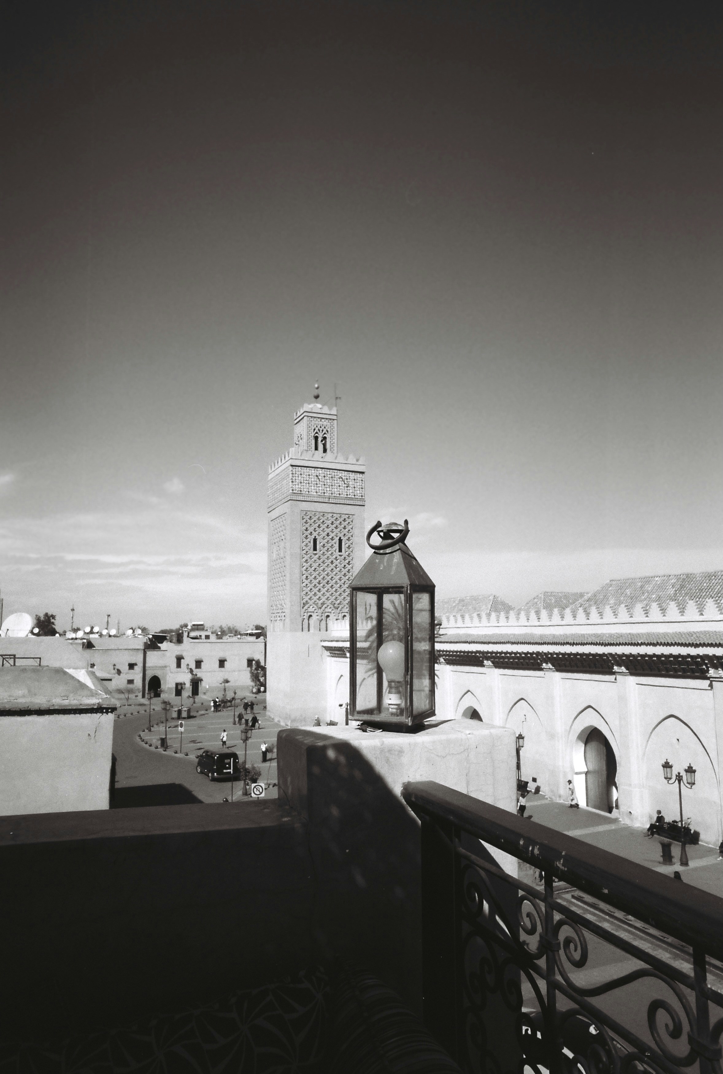 Moroccan cityscape with mosque and lantern
