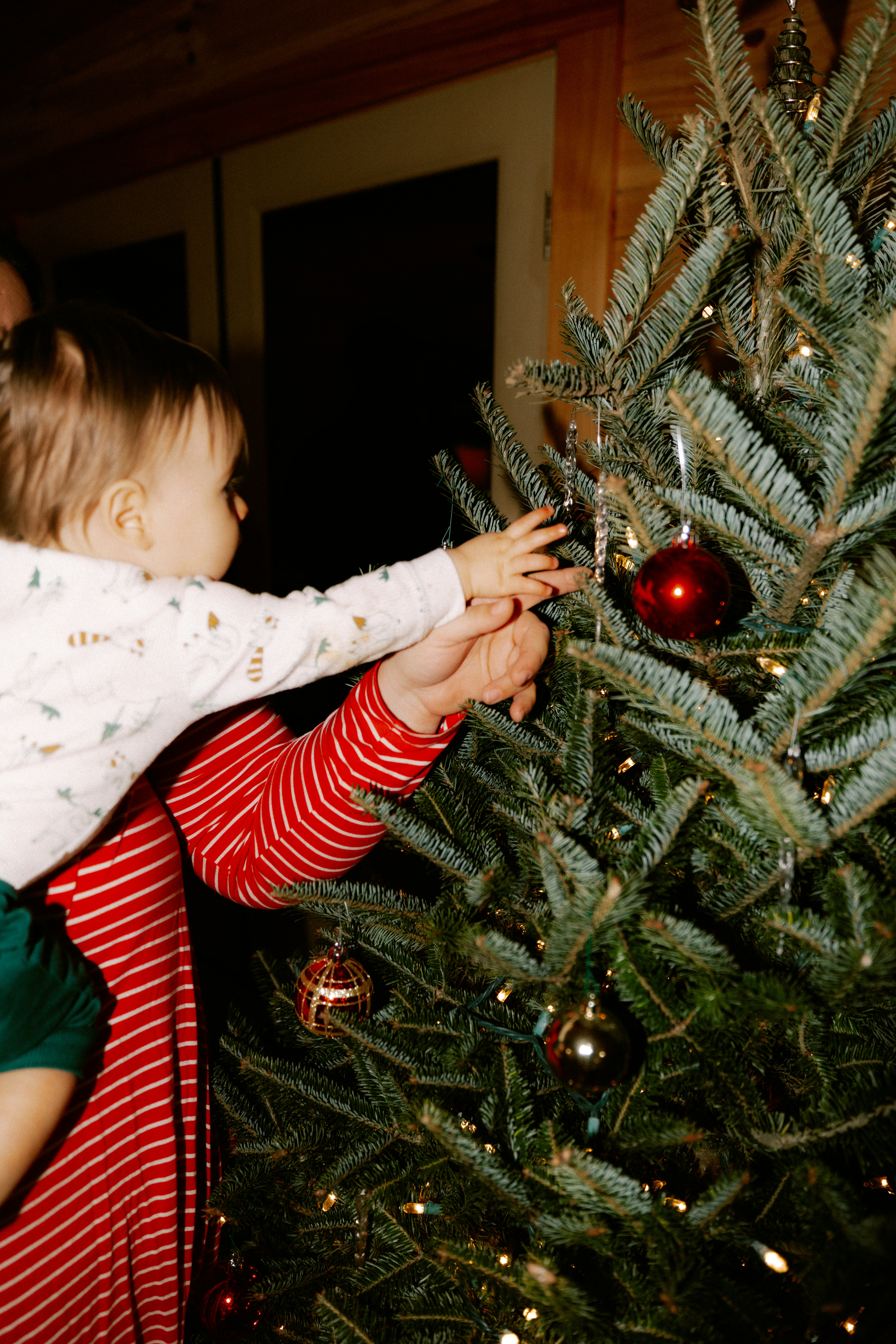Child and adult decorating a christmas tree.