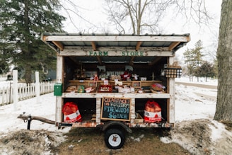 Small farm stand with produce and goods for sale.
