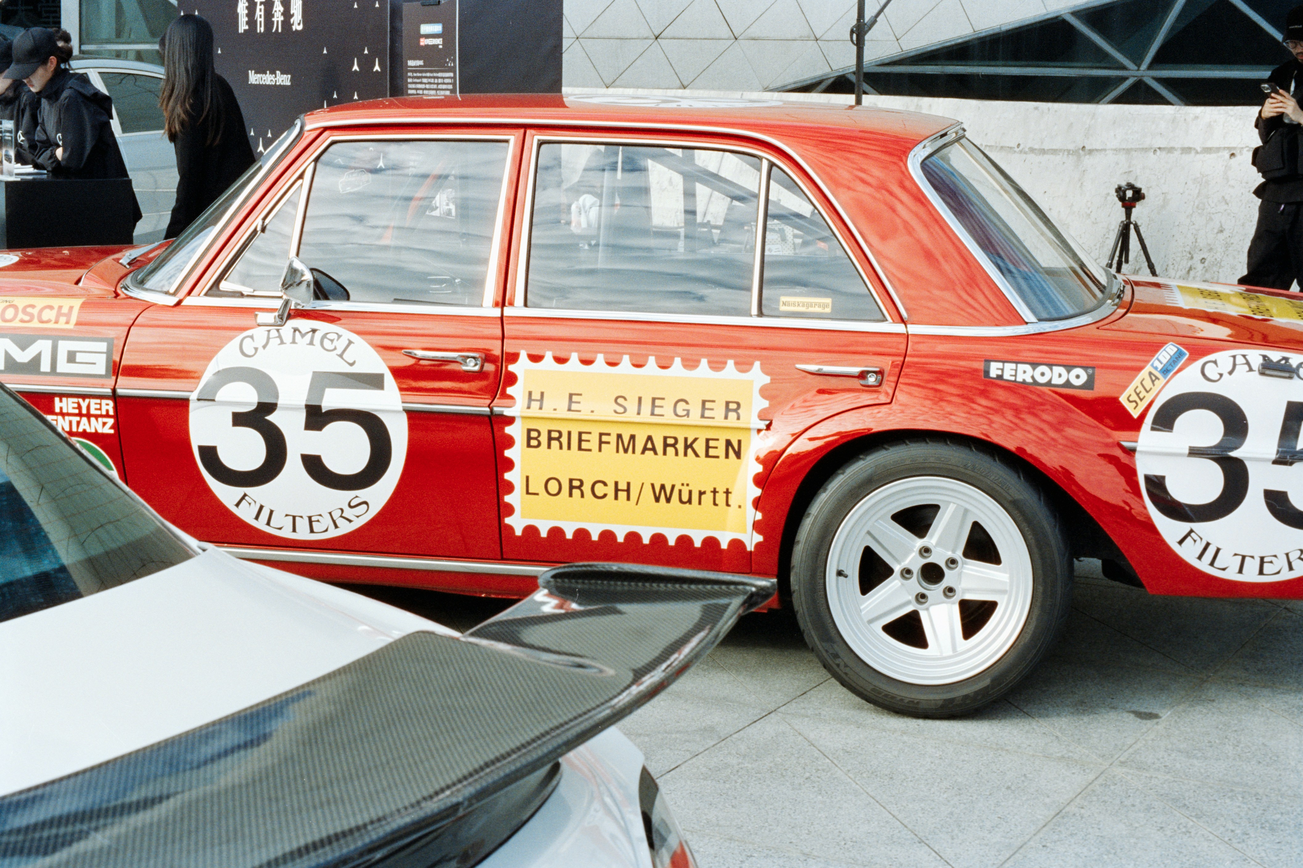 Red vintage race car with number 35