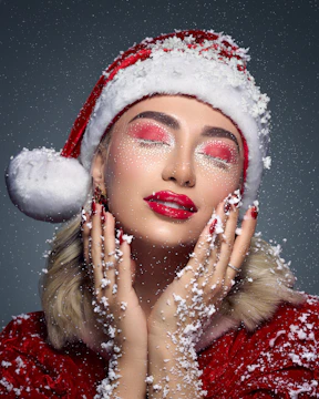 Woman in santa hat with festive makeup and snow