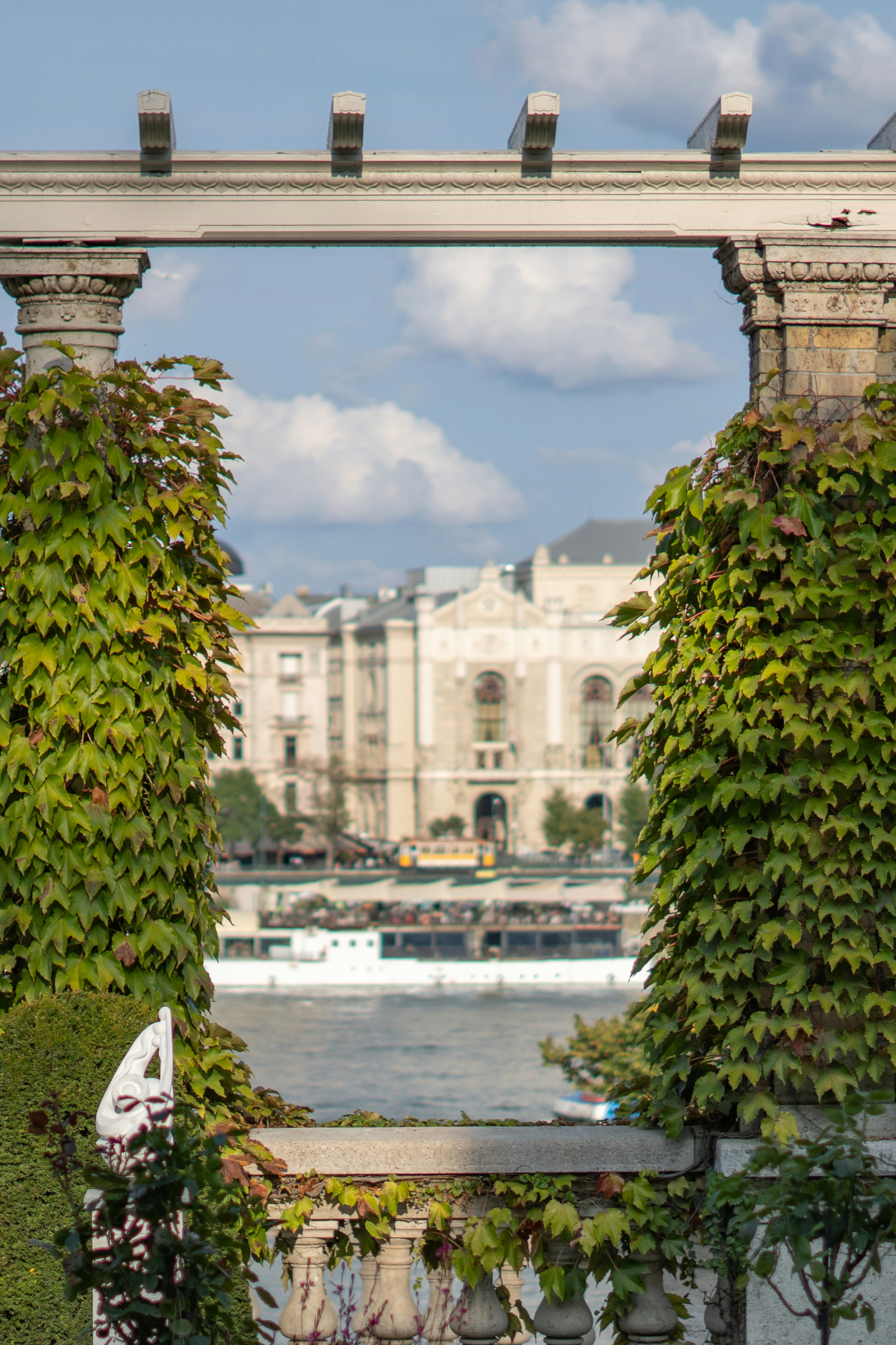 Green vines frame a river with buildings beyond.
