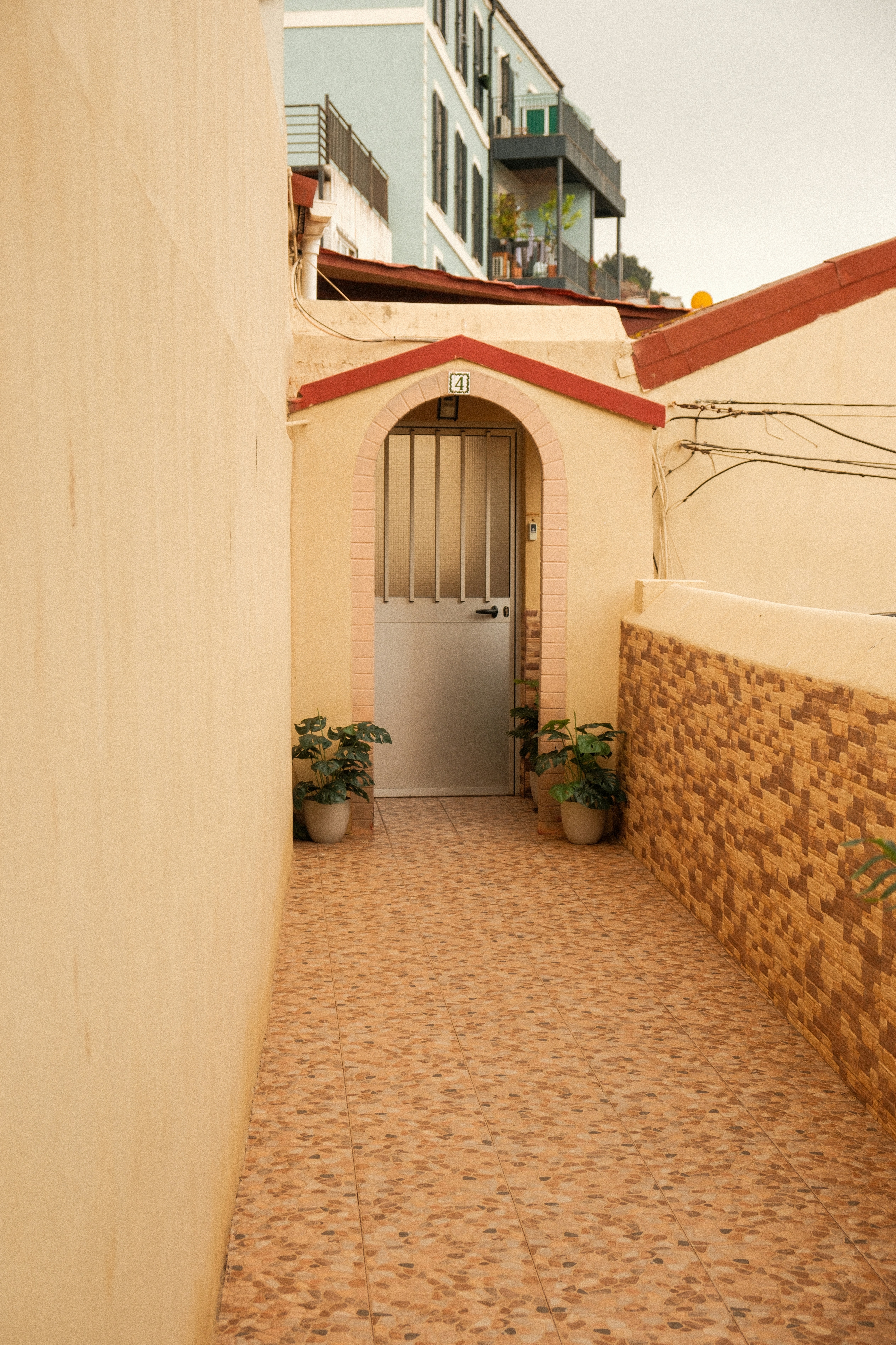 Vicolo stretto con piante in vaso e porta ad arco