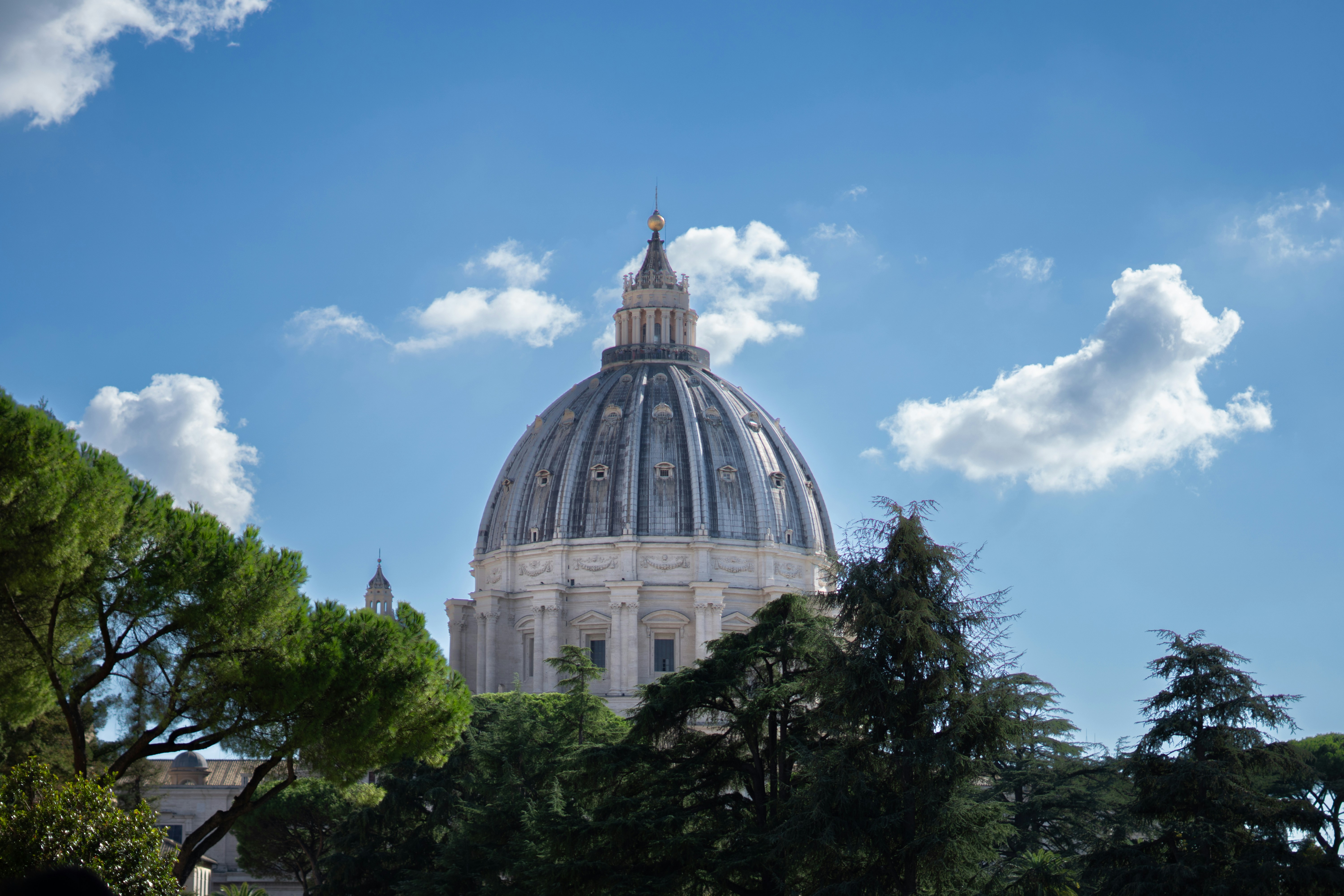 Large dome building seen through green trees