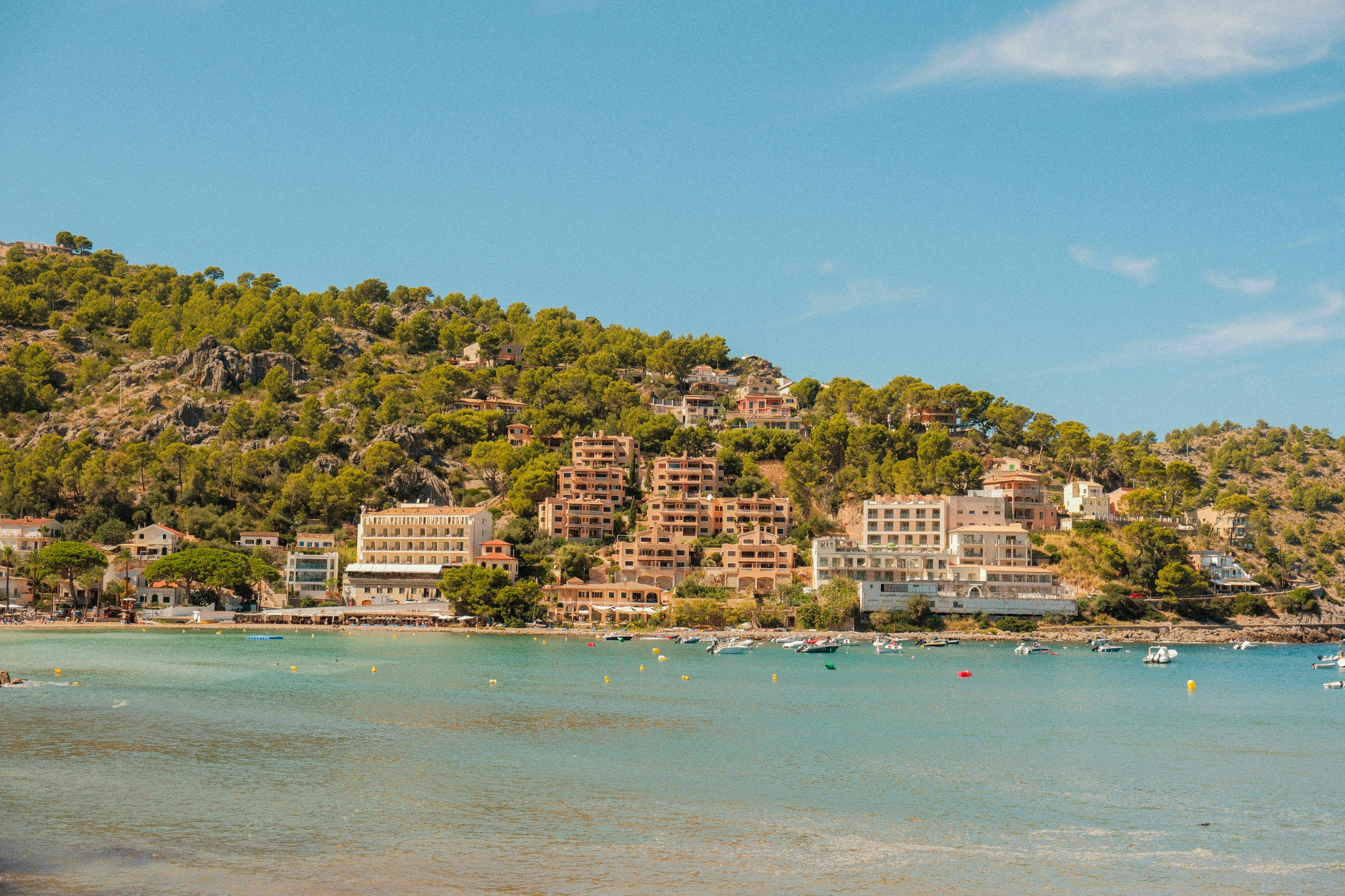 Coastal town nestled on a tree-covered hillside by the sea.