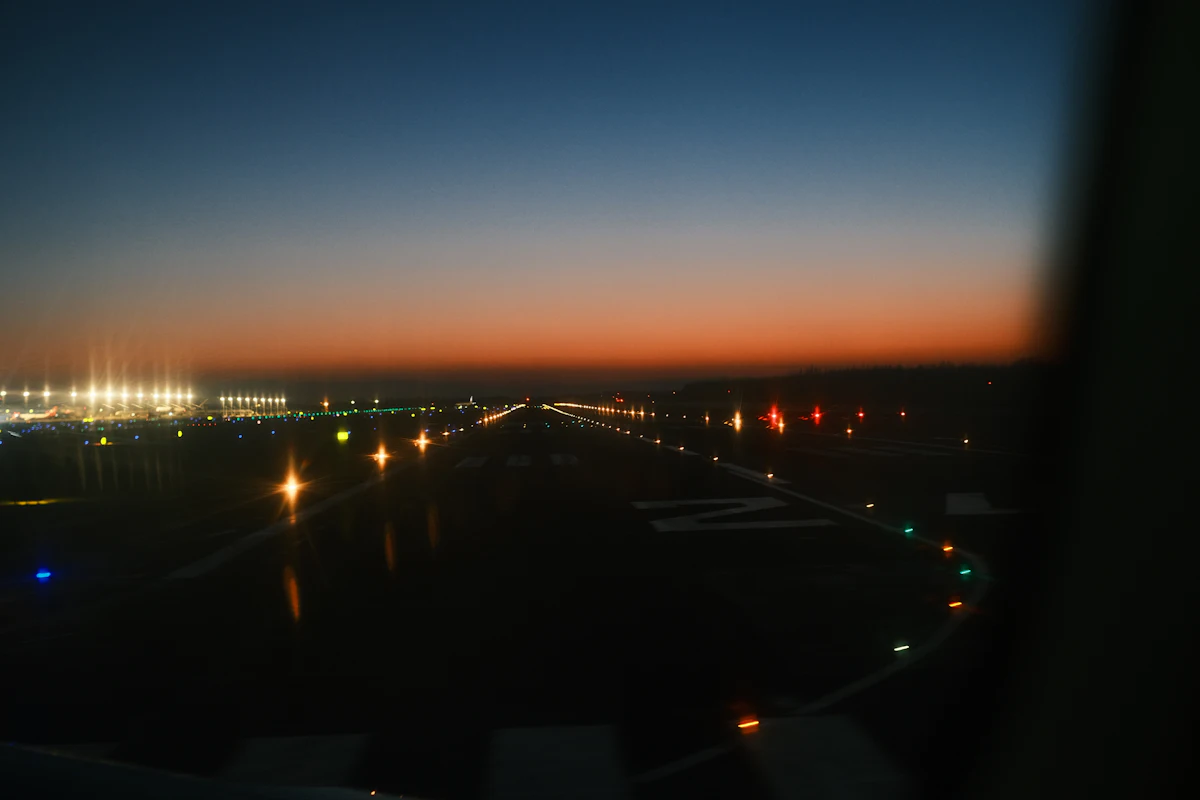 Airfield runway lighting at dusk
