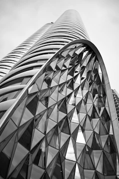 Modern architecture with curved building and geometric facade