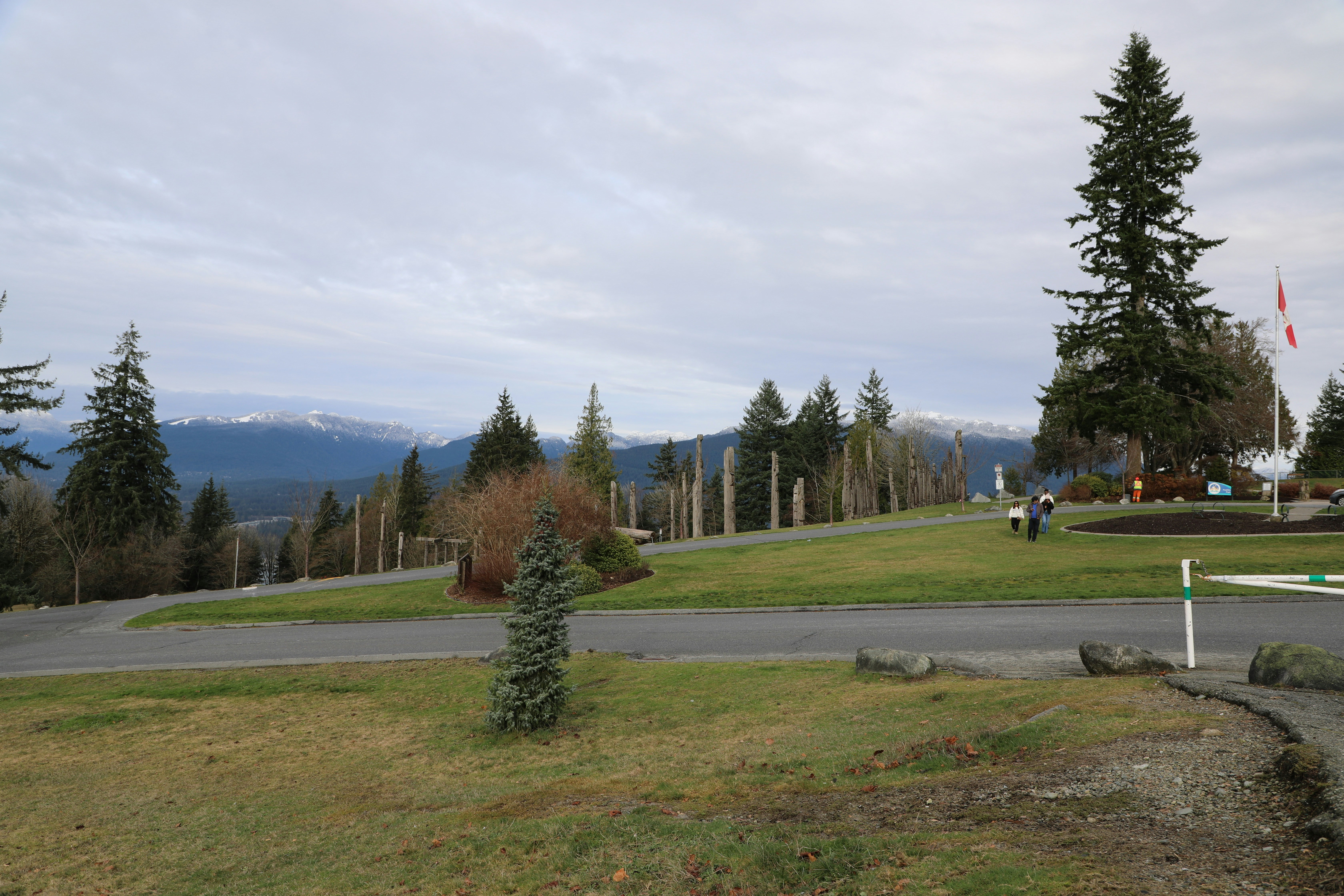 Trees and distant mountains under a cloudy sky.