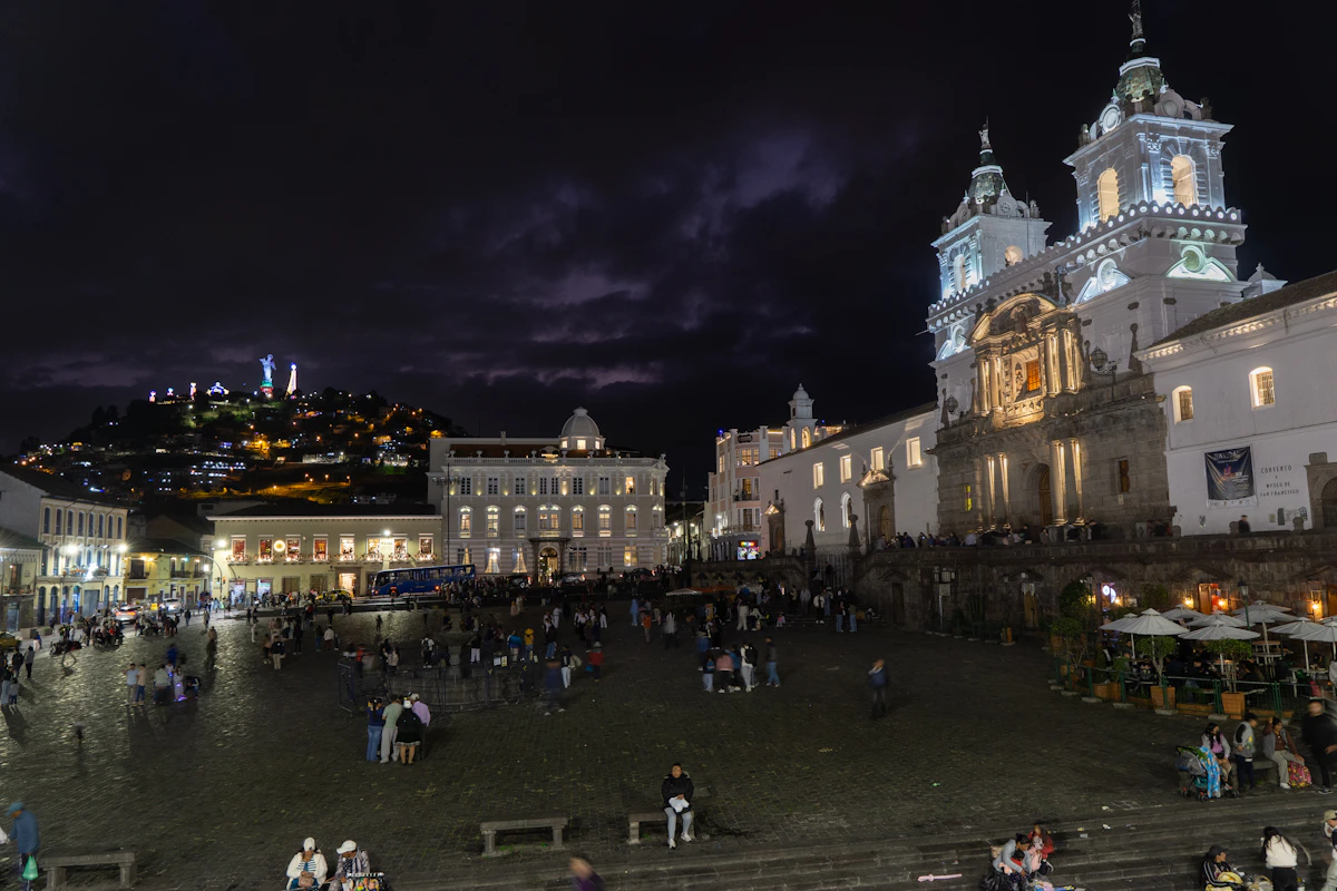 San Francisco church and its illuminated square in Quito at night