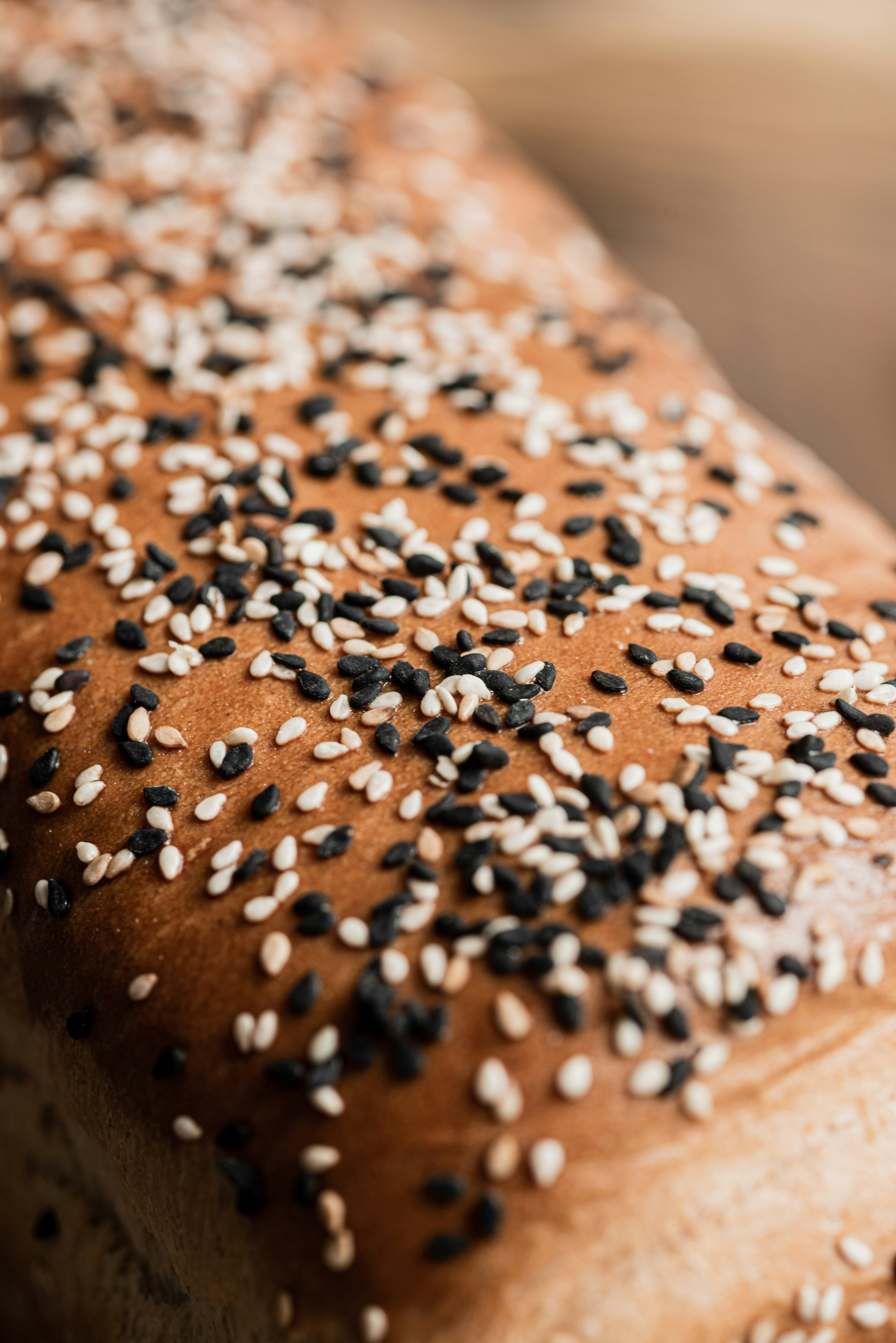 Close up of a loaf of bread with sesame seeds.