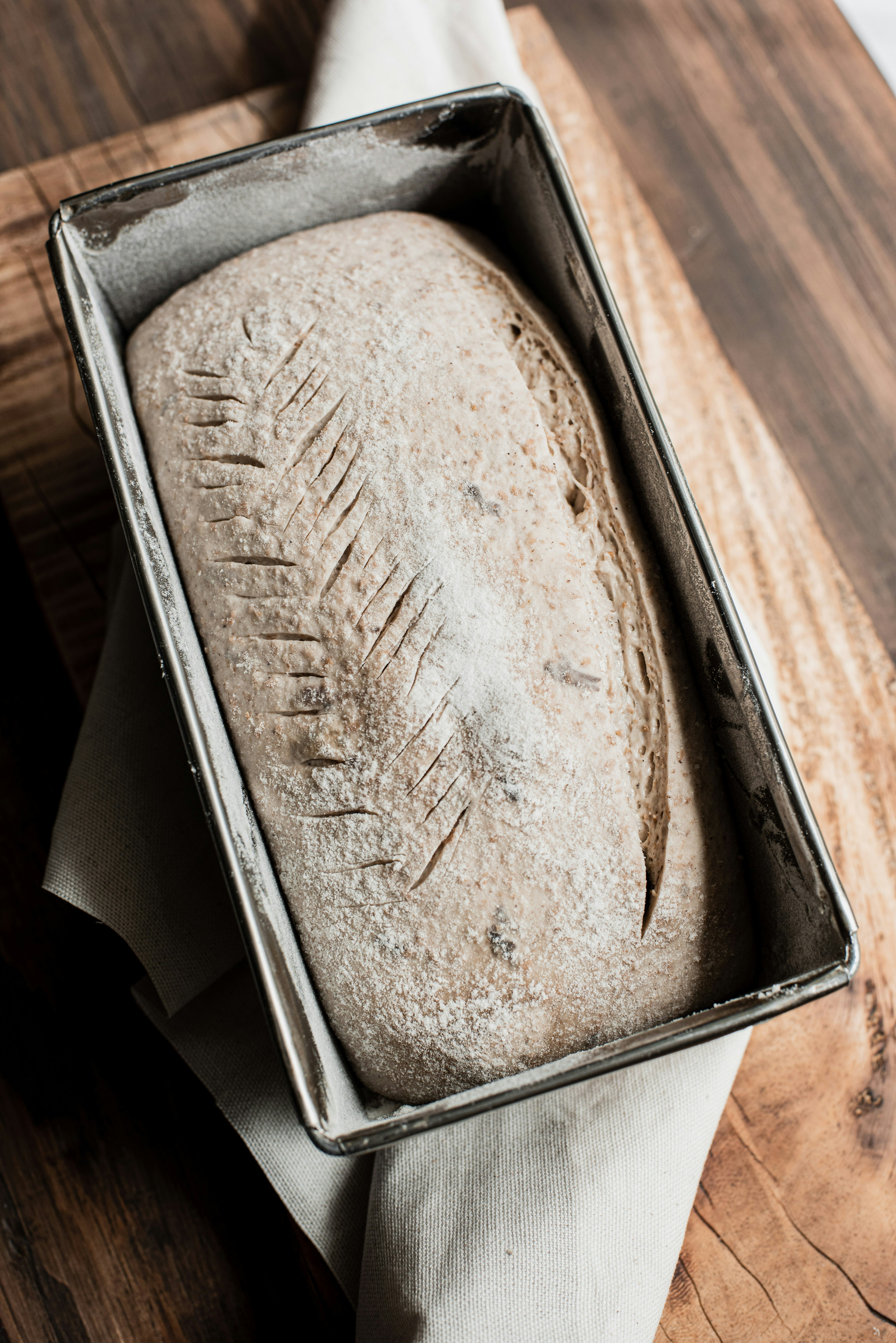 Loaf of bread in a baking tin