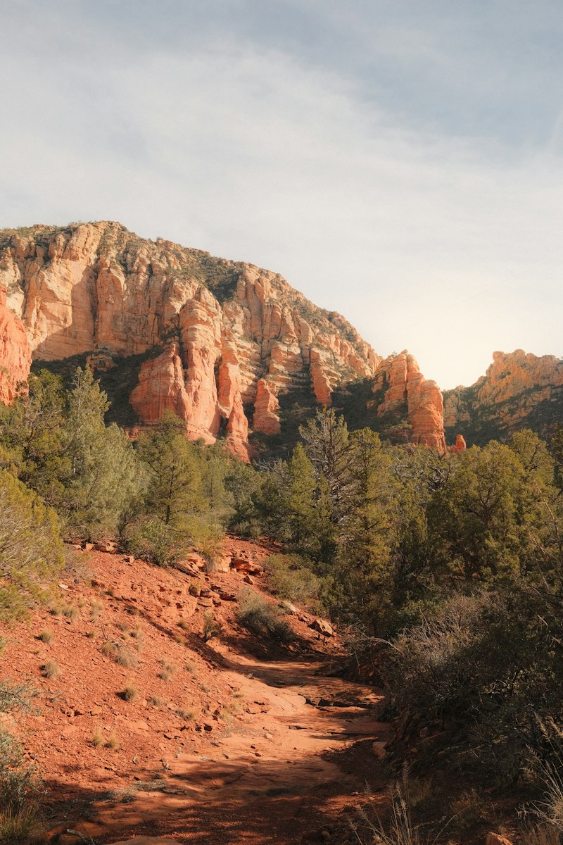 Red rock formations and green trees under a cloudy sky in Sedona Arizona